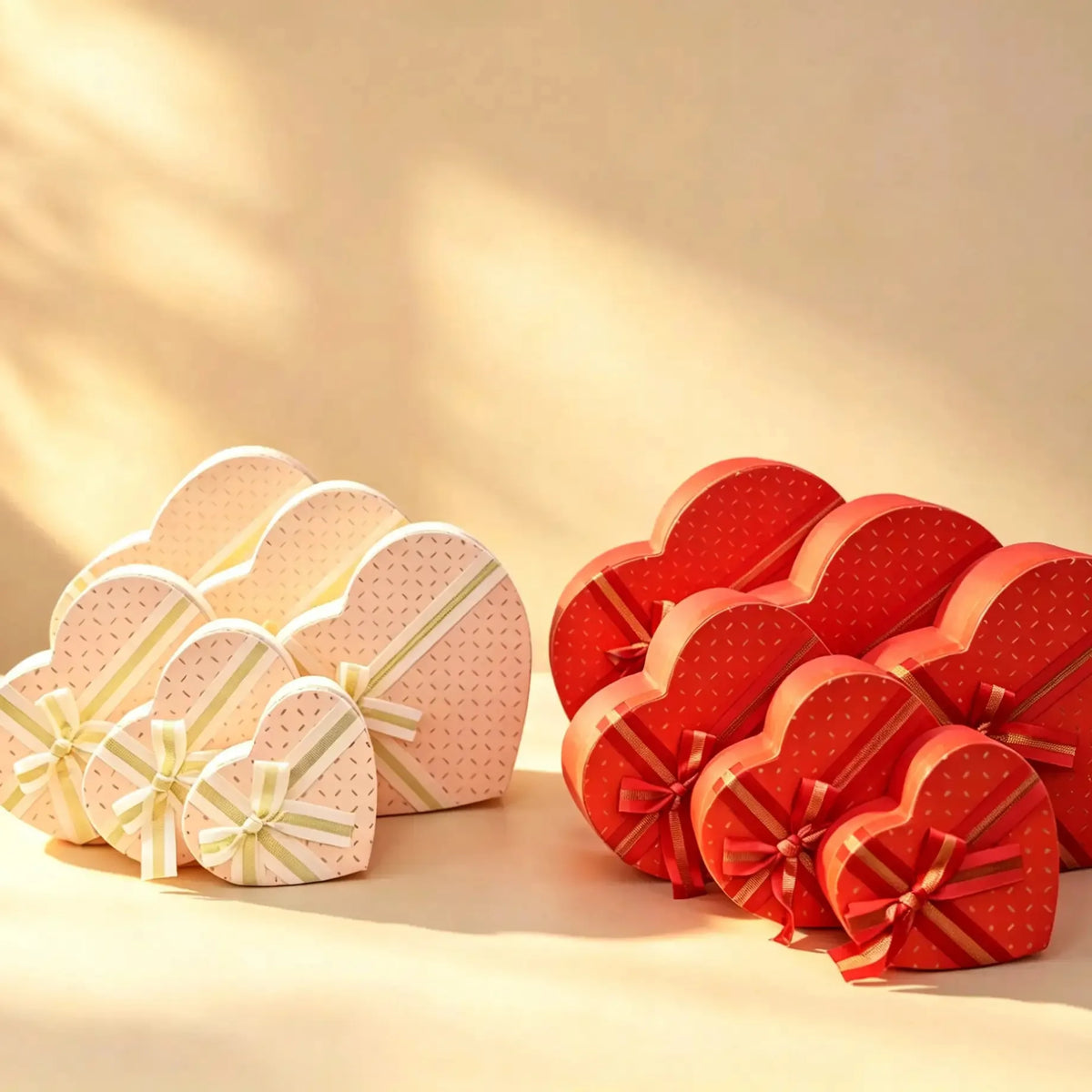 Nested heart-shaped gift boxes in red and pink, full graduated set with ribbon bows