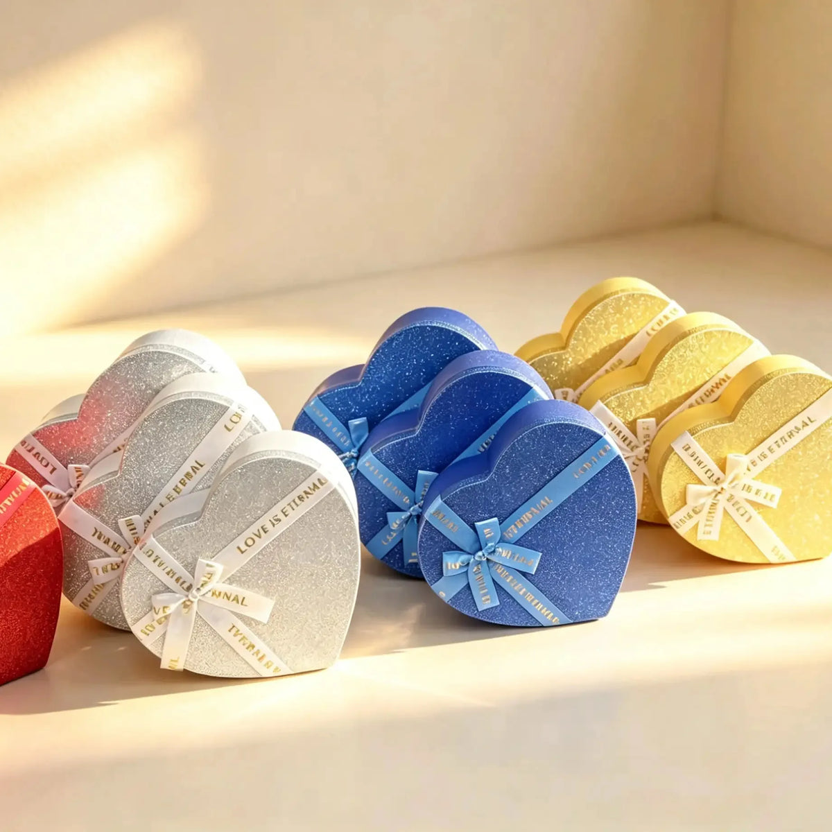 Red, silver, blue, and gold glitter heart-shaped gift boxes with ribbon bows grouped together