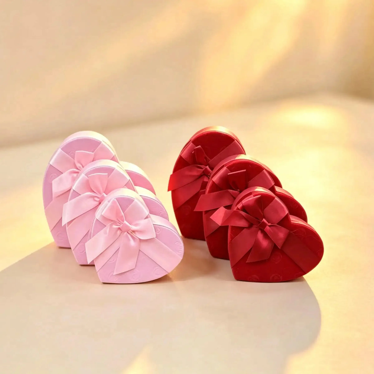 Two sets of nested pink and red heart-shaped gift boxes with satin ribbon bows