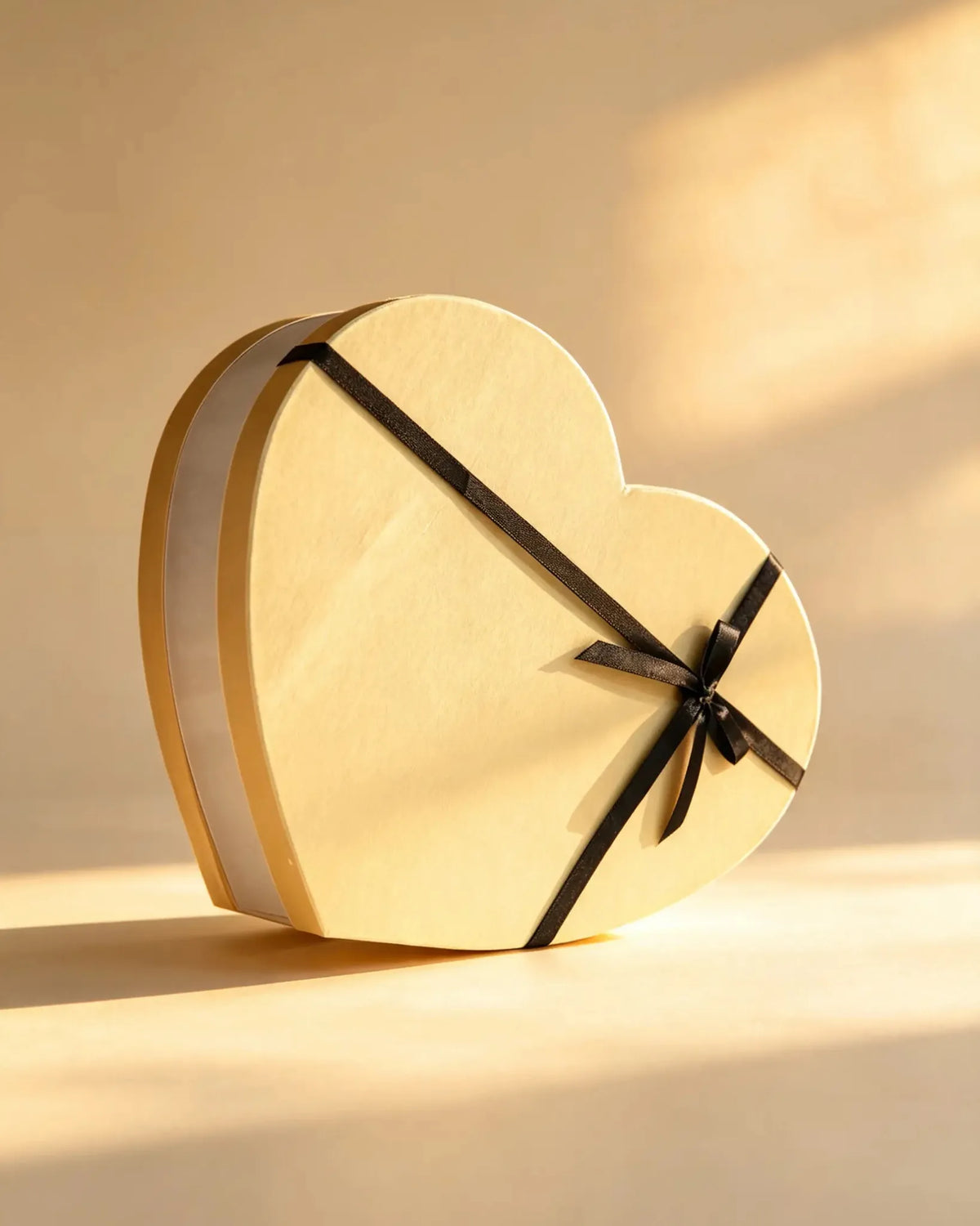 Cream heart-shaped gift box with a gold trim band and black ribbon bow
