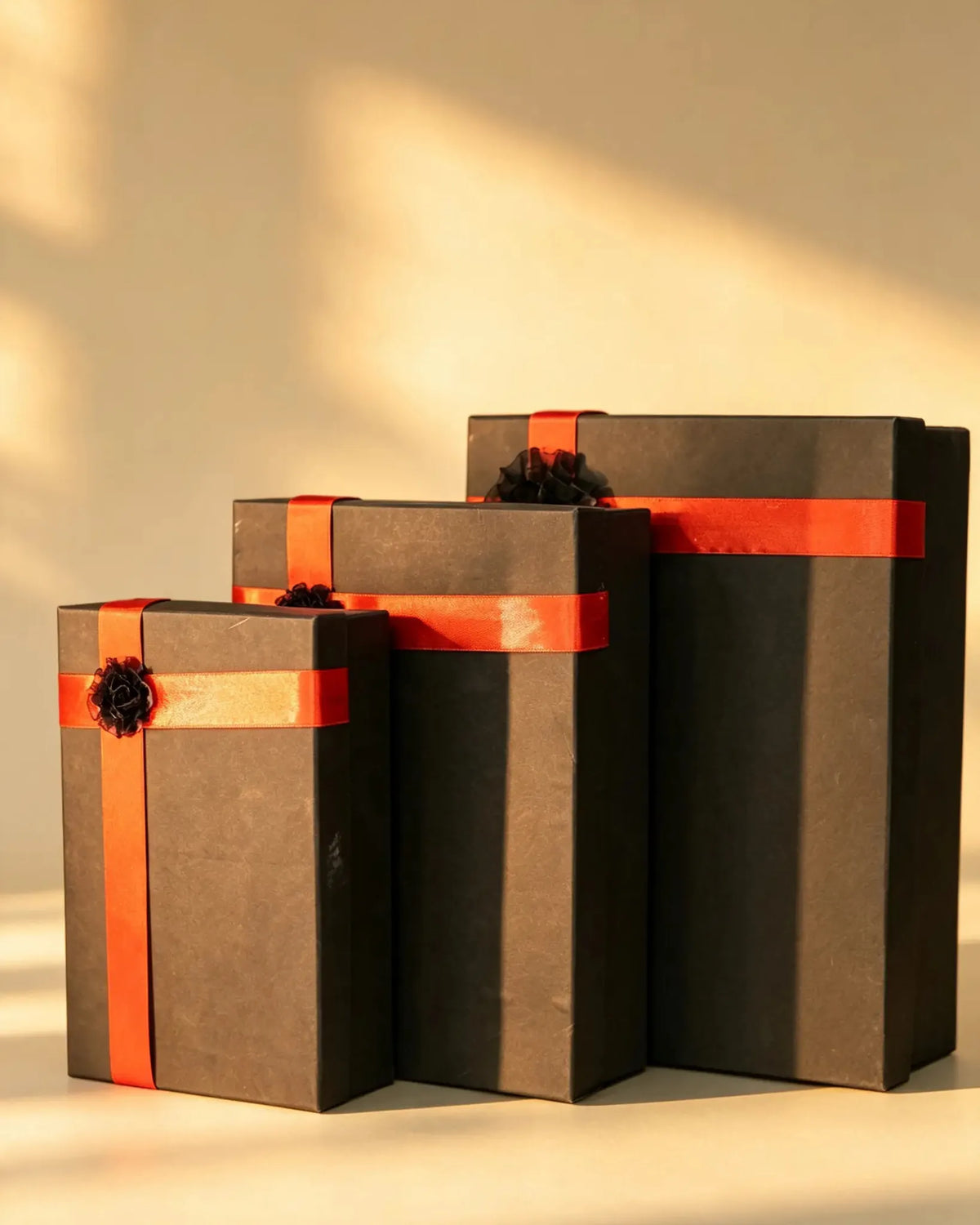 Set of three nested black gift boxes with orange-red ribbon and black rosette bows