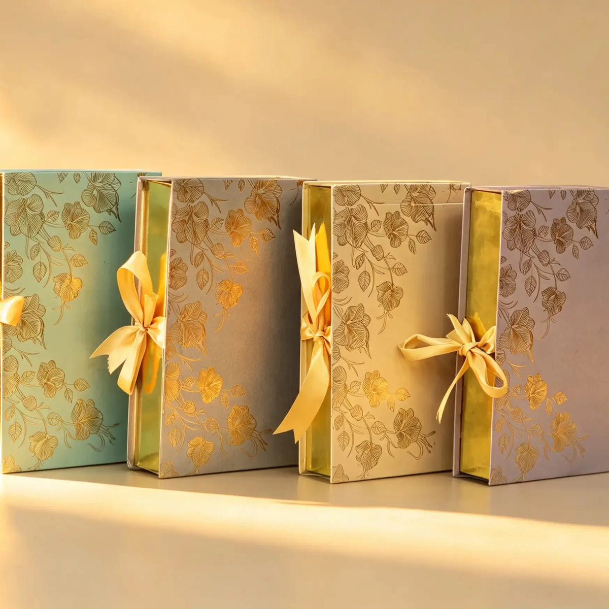 Four floral gold-foil gift boxes with satin ribbon bows in soft green, gold, cream, and lavender