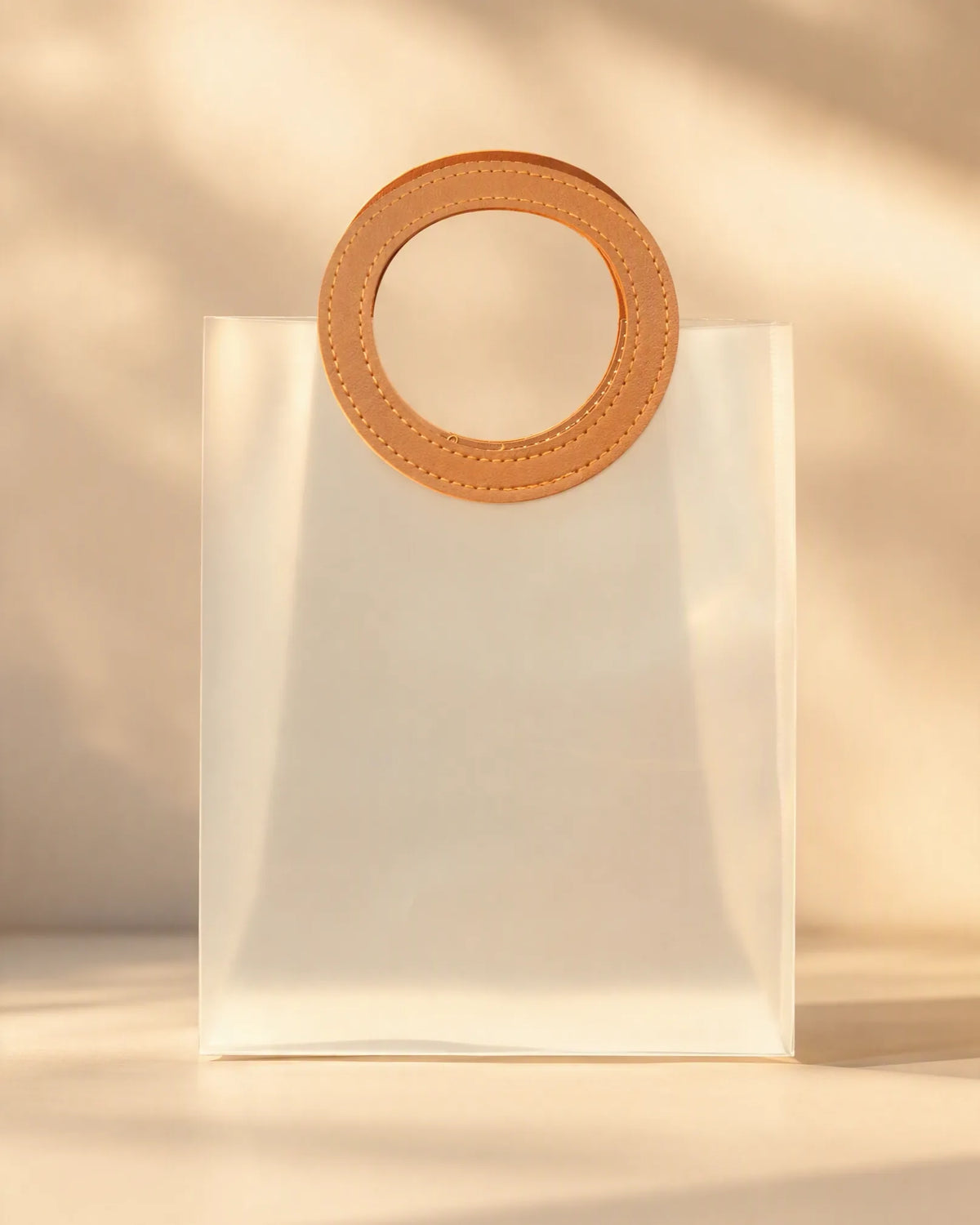Extra large frosted PVC gift bag with round brown stitched handle
