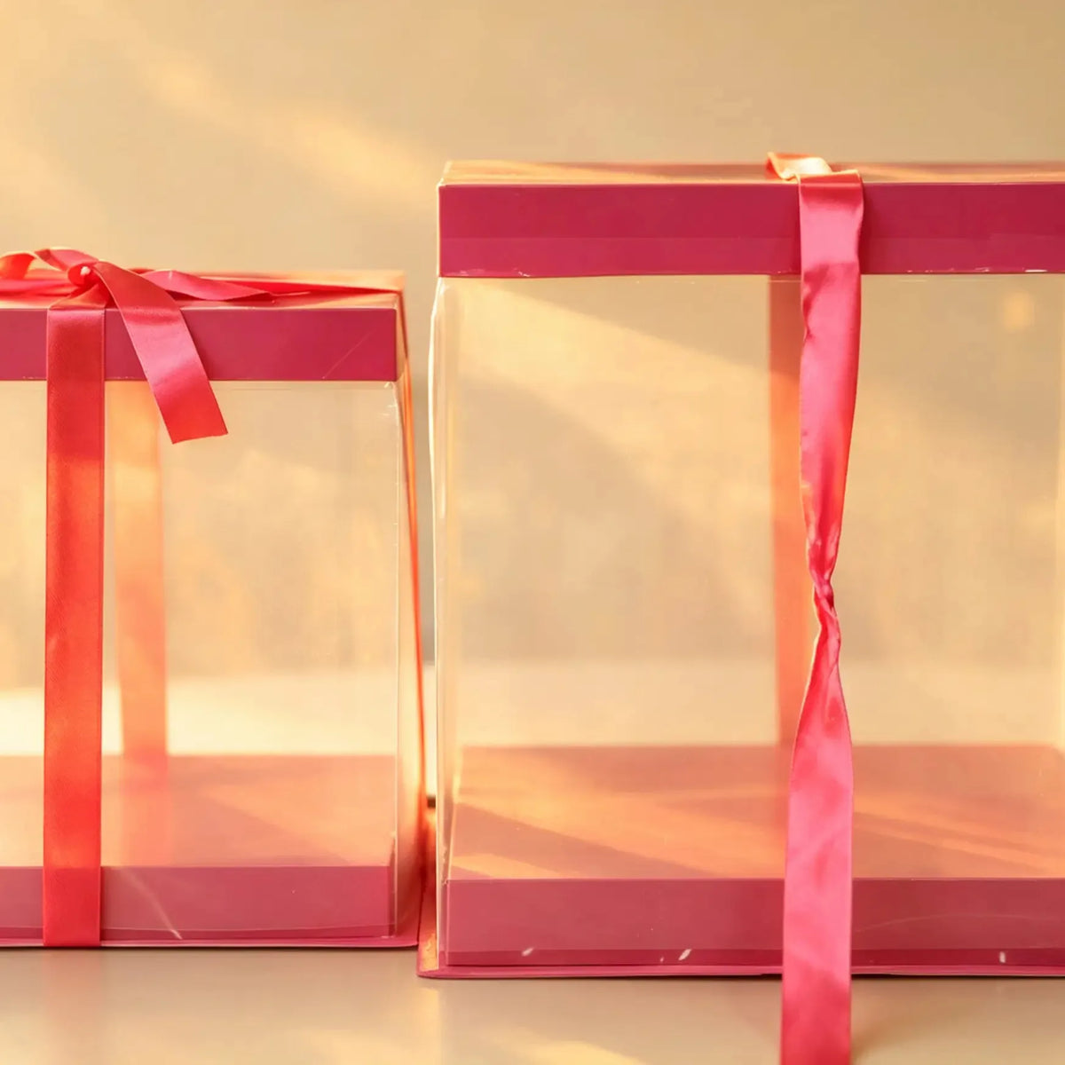 Clear PVC cake boxes with pink trim and pink ribbon bow, large and small size