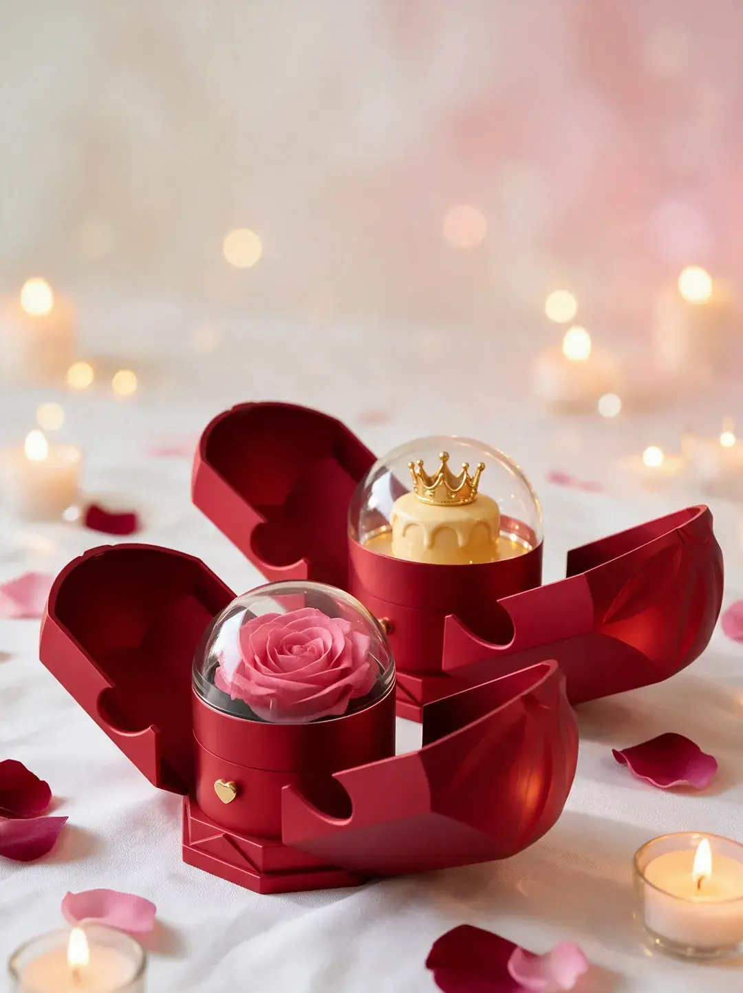 Two red boxes opened like petals, one holding a pink rose under a glass dome, the other a crowned cake.
