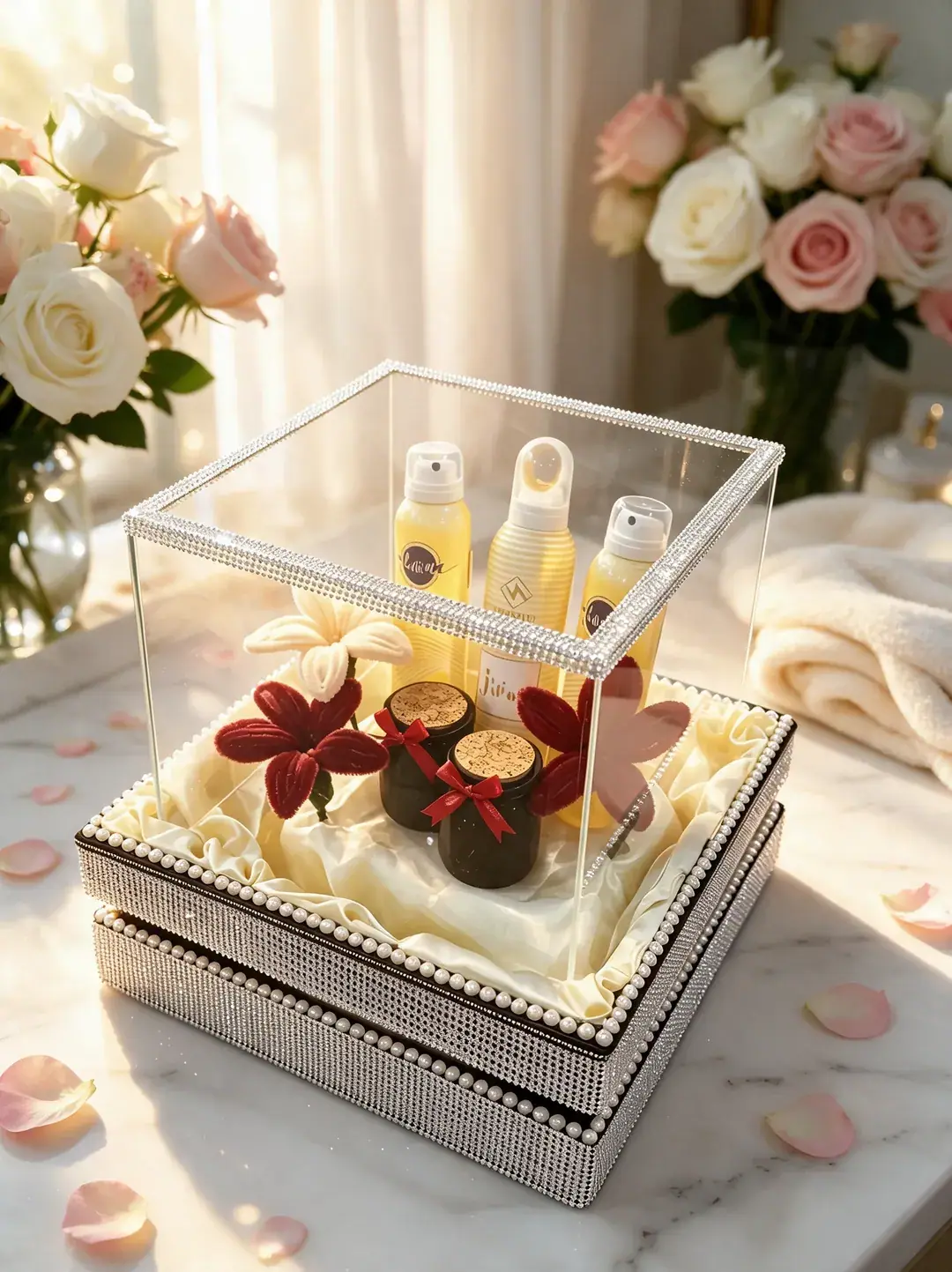 A clear case edged in crystals on a pearl-trimmed base, holding spa bottles, two jars and velvet flowers on ivory satin.
