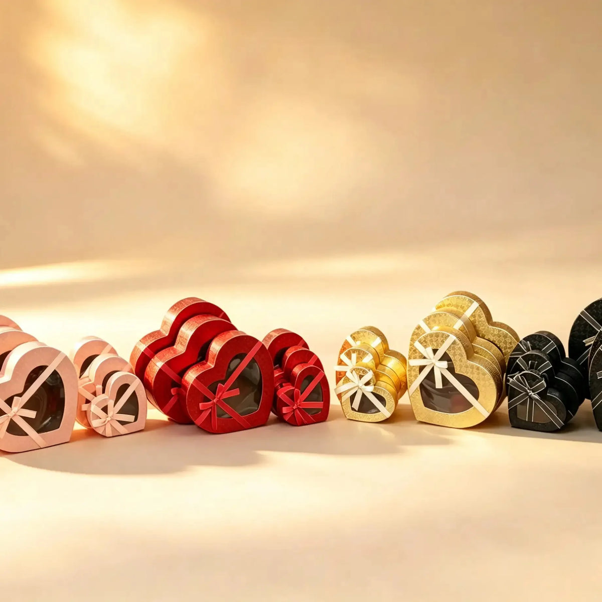 Pink heart-shaped gift boxes with satin ribbon bows and clear window lids, nested in graduating sizes