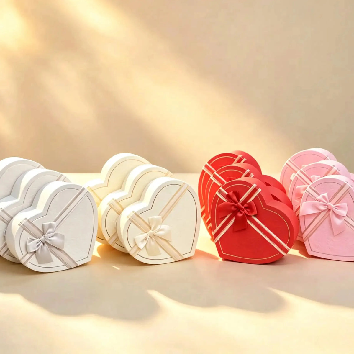 Pink heart-shaped gift box set of three shown with the off-white, white, and red color options