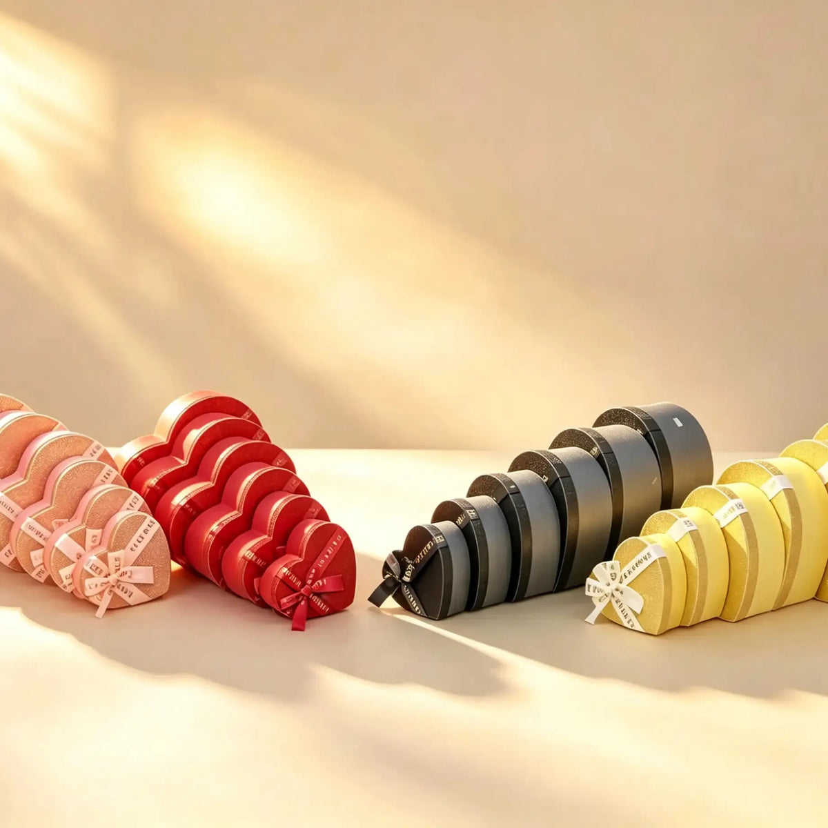 Nested heart-shaped gift boxes in pink, red, black, and gold arranged in graduated sizes