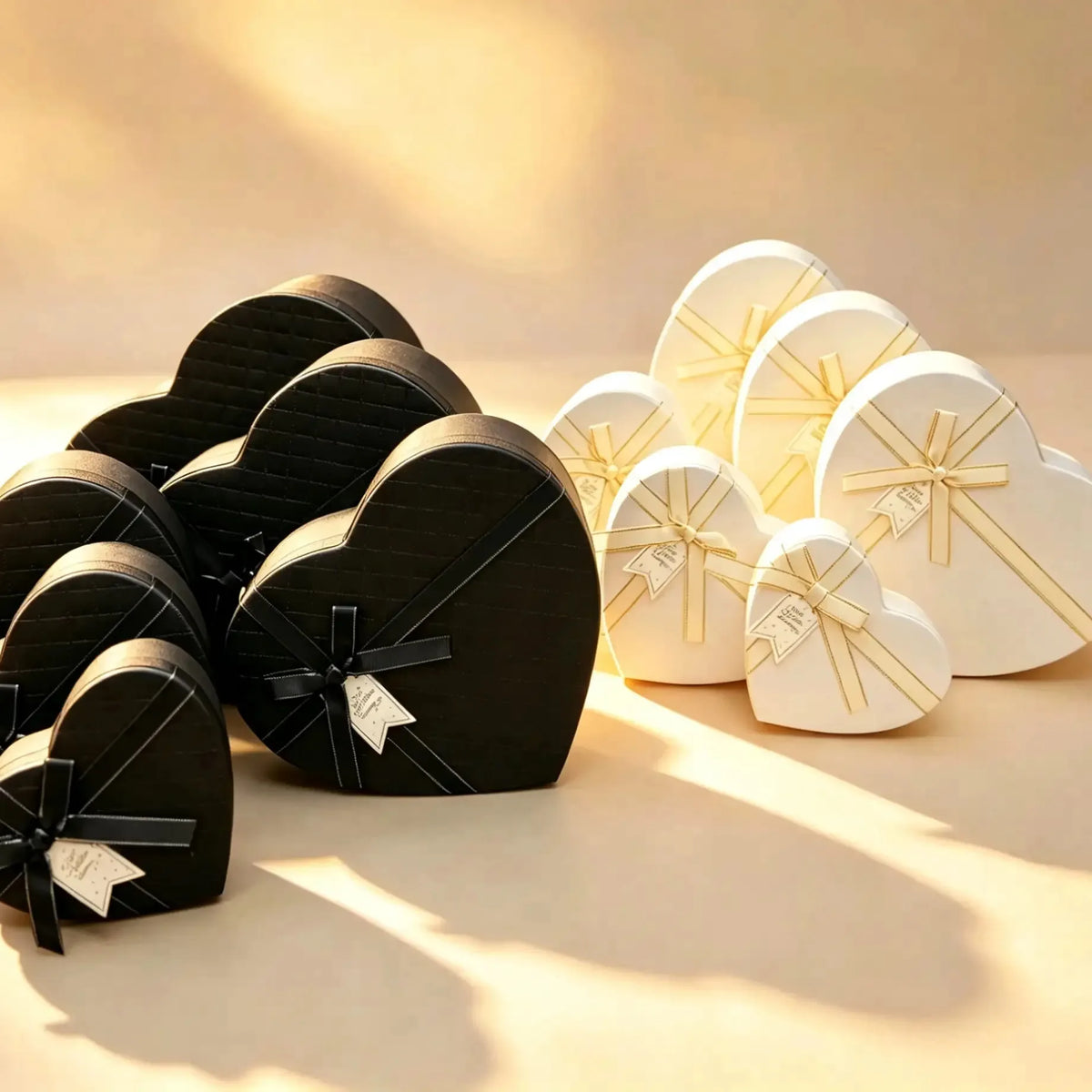 Stack of black heart-shaped gift boxes with satin bows, off-white boxes visible behind them