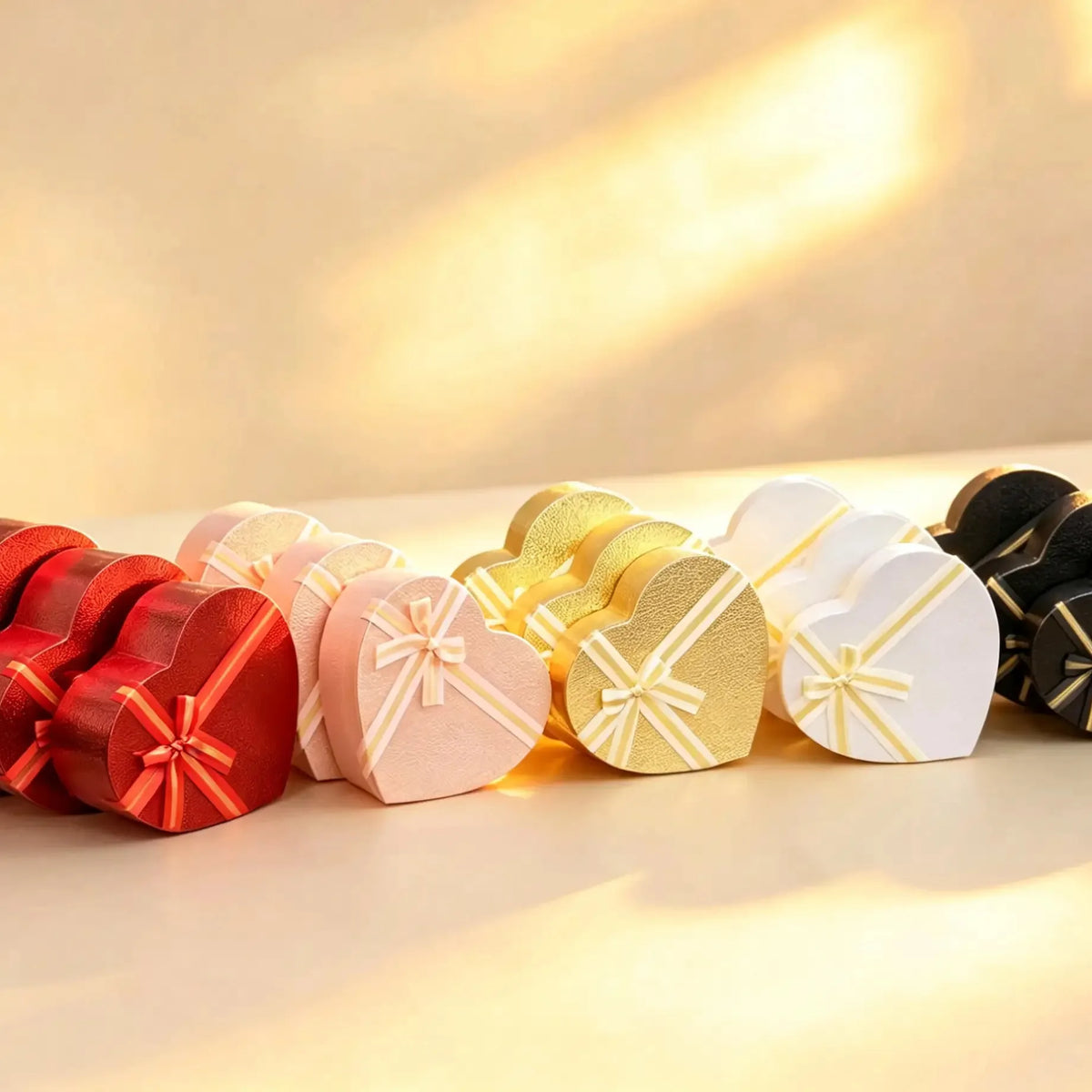 Pink heart-shaped gift box set with ribbon bow, shown beside the red, gold, white, and black options.