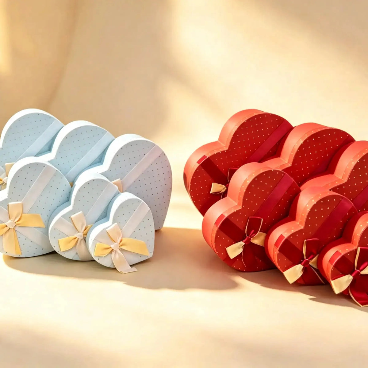 Six nested heart-shaped gift boxes in red and skyblue, each tied with a pastel yellow bow