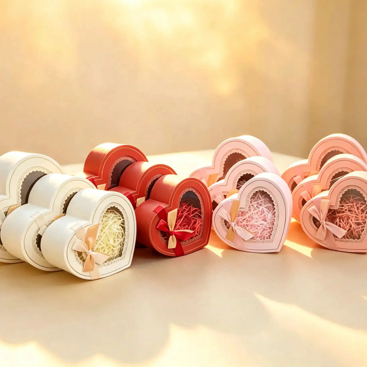 Heart-shaped gift boxes with clear window lids in white, red, pink, and peach, tied with satin ribbon bows