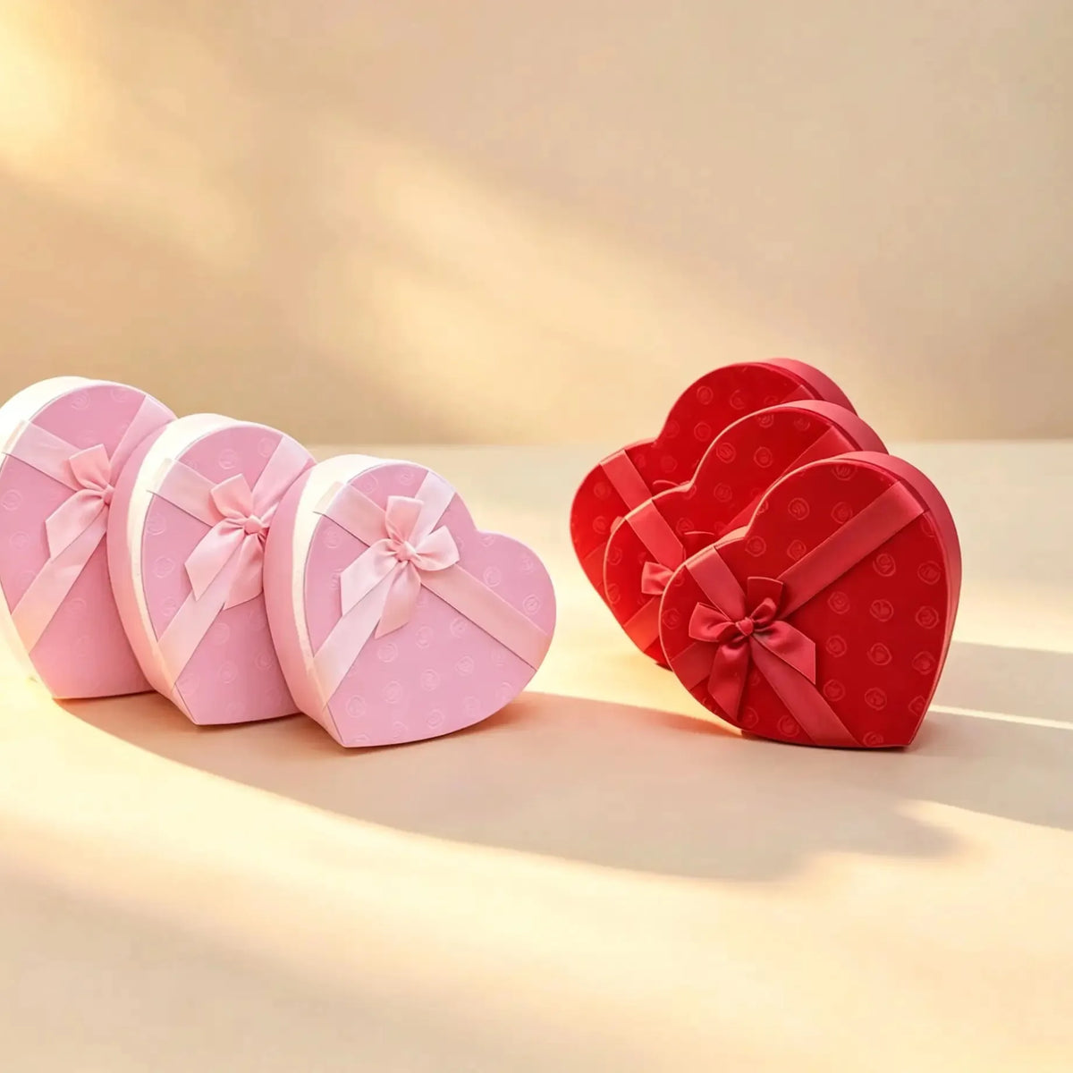 Three pink heart-shaped gift boxes with ribbon bows beside three red heart-shaped gift boxes with bows