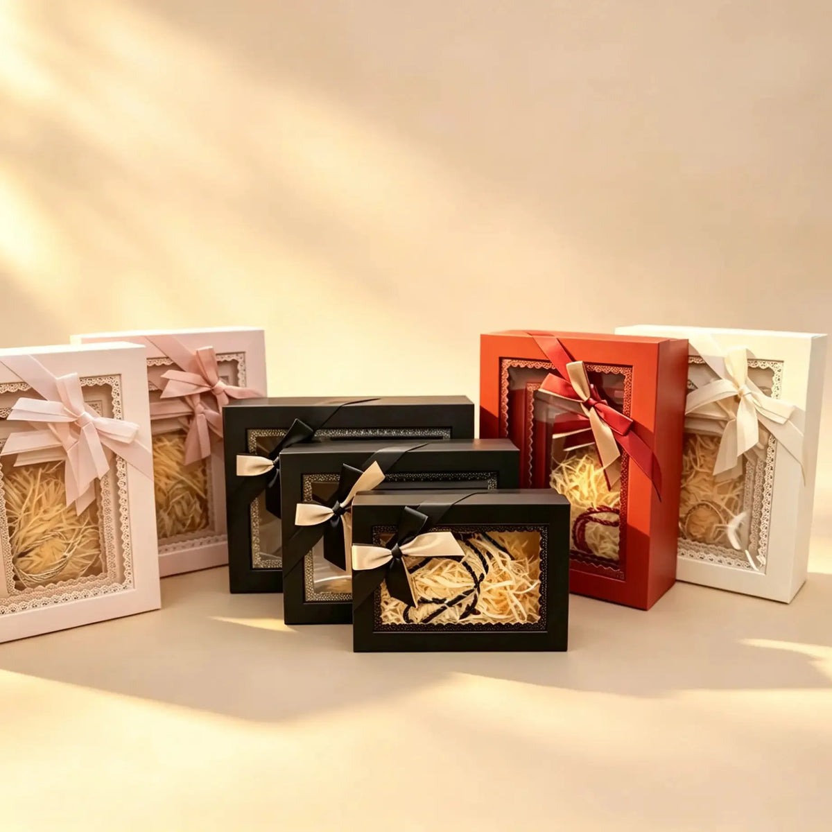 Nested window gift boxes in pink, peach, red, black, and off white, each tied with a satin ribbon bow