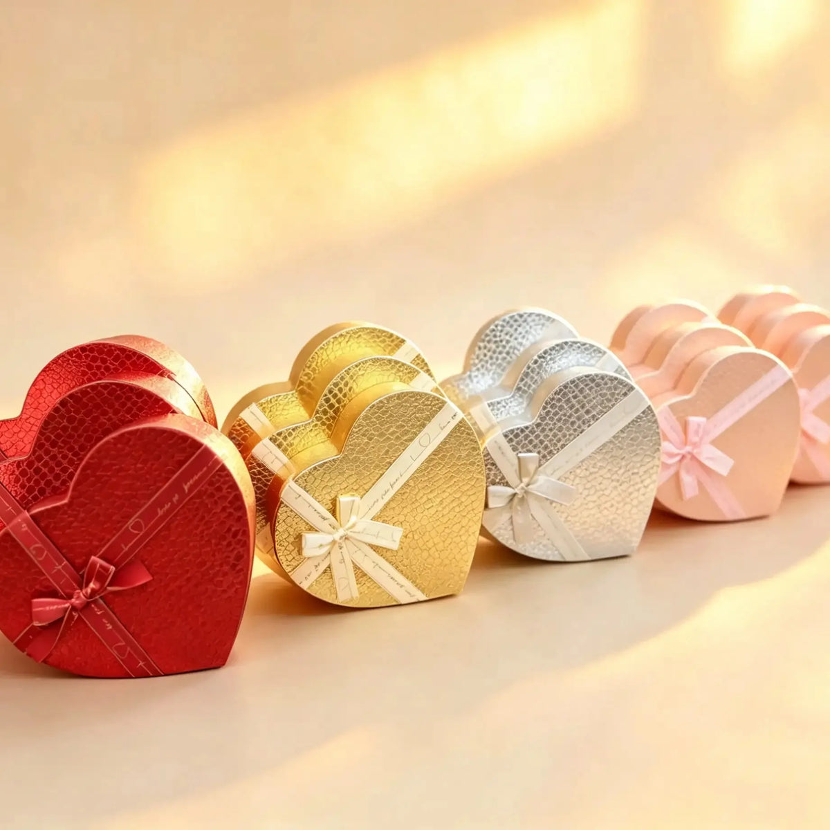 Row of heart-shaped metallic gift boxes in red, gold, silver, and pink, each tied with a satin ribbon bow