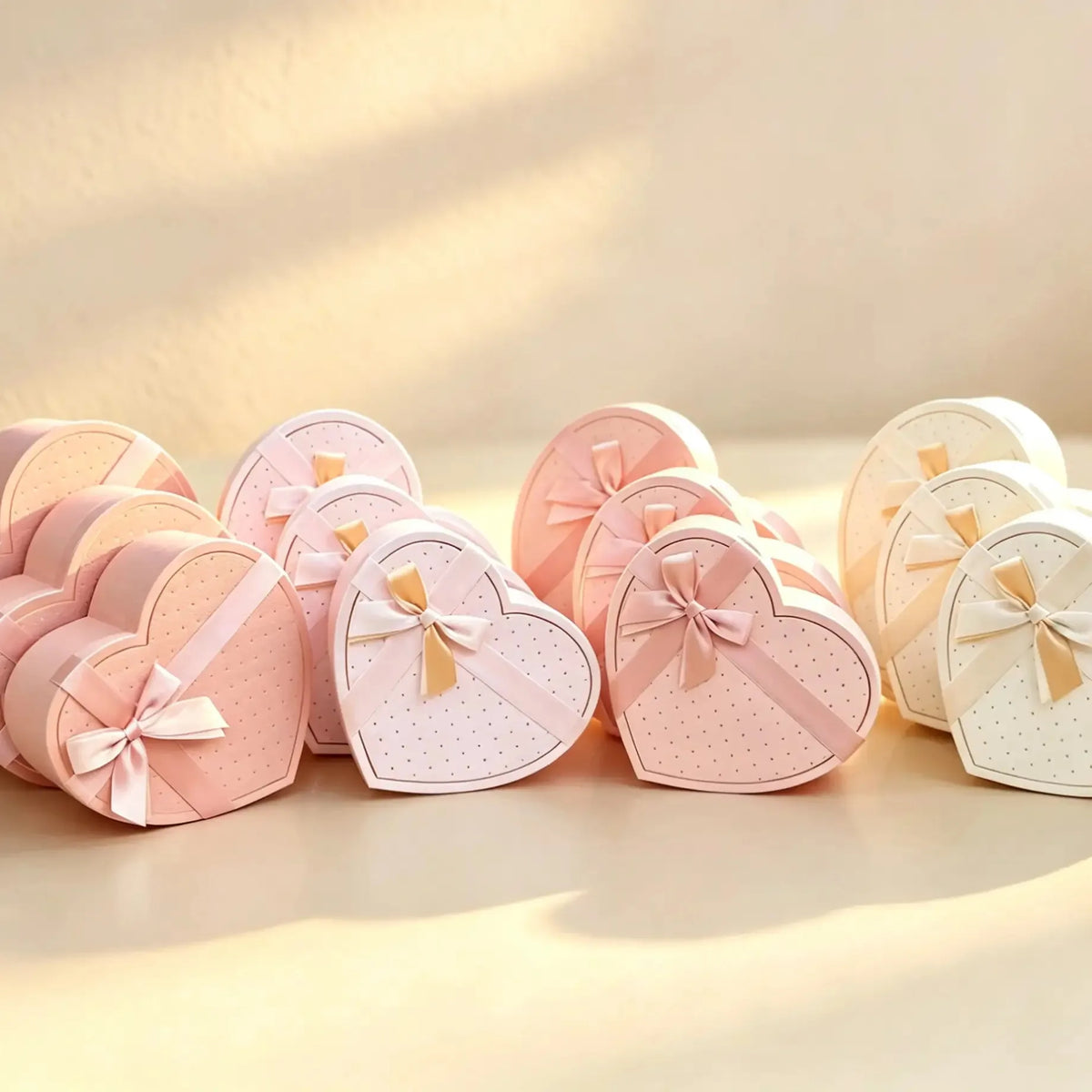 Set of three pink heart-shaped nested gift boxes with satin ribbon bows, next to peach, beige, and off-white sets