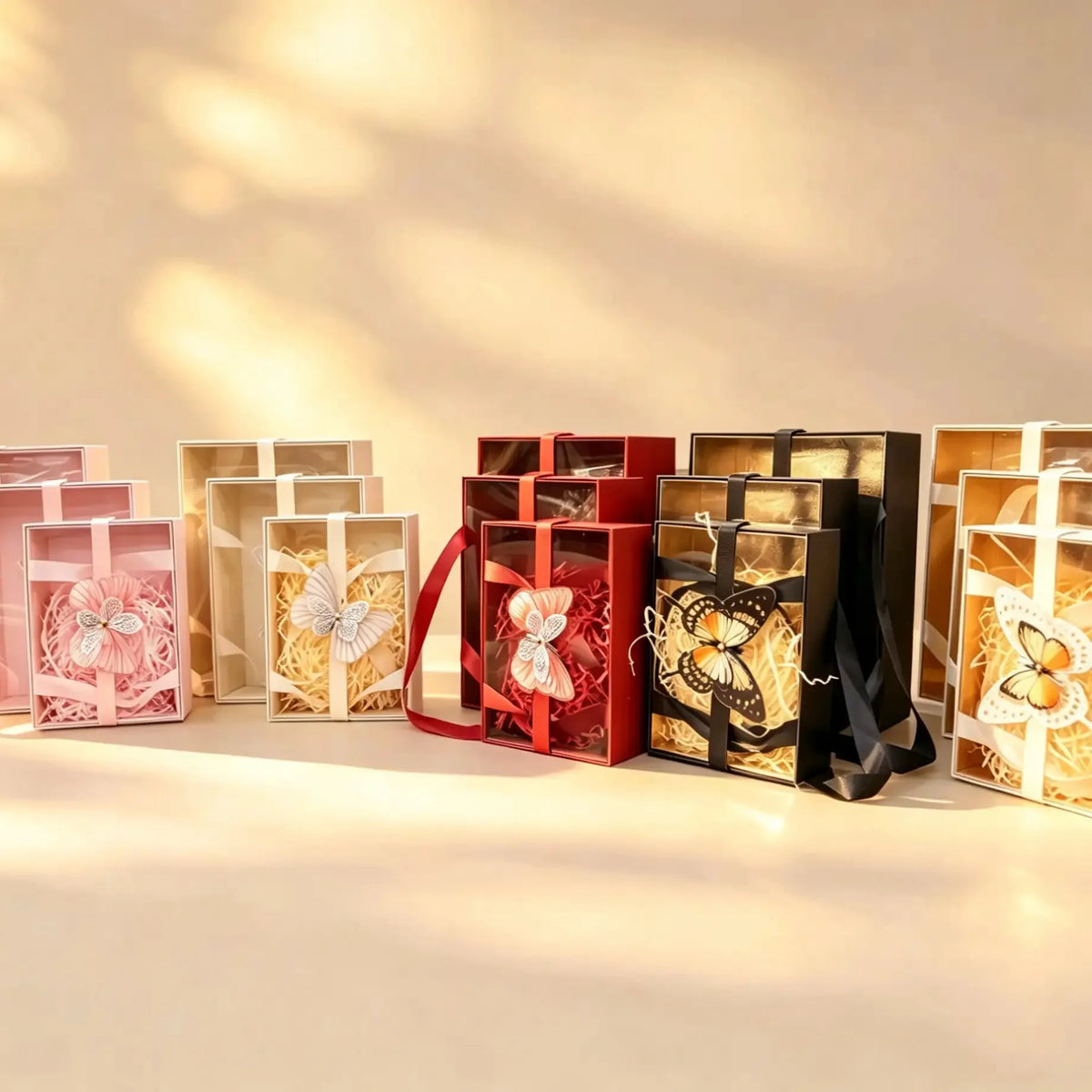Pink nested gift box set with clear window and butterfly accent, shown with other color options