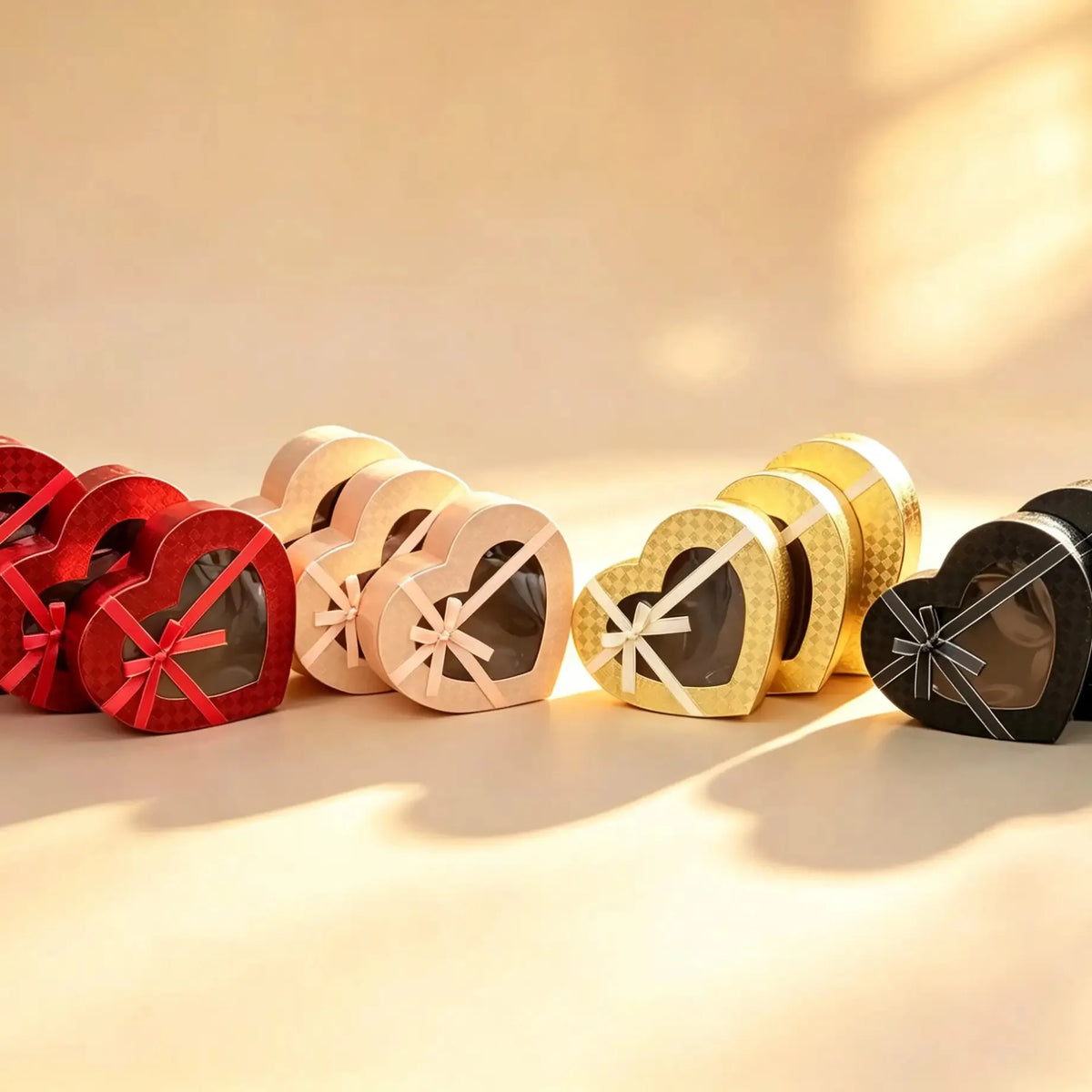 Heart-shaped gift boxes with ribbon bows in red, peach, gold, and black lined up together