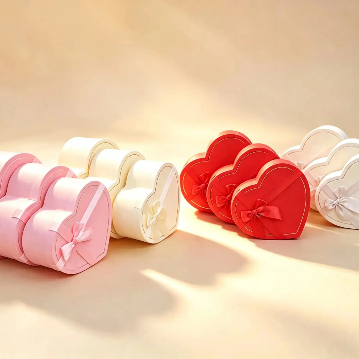 Nested pink heart-shaped gift boxes with satin bow, shown with beige, red, and white options