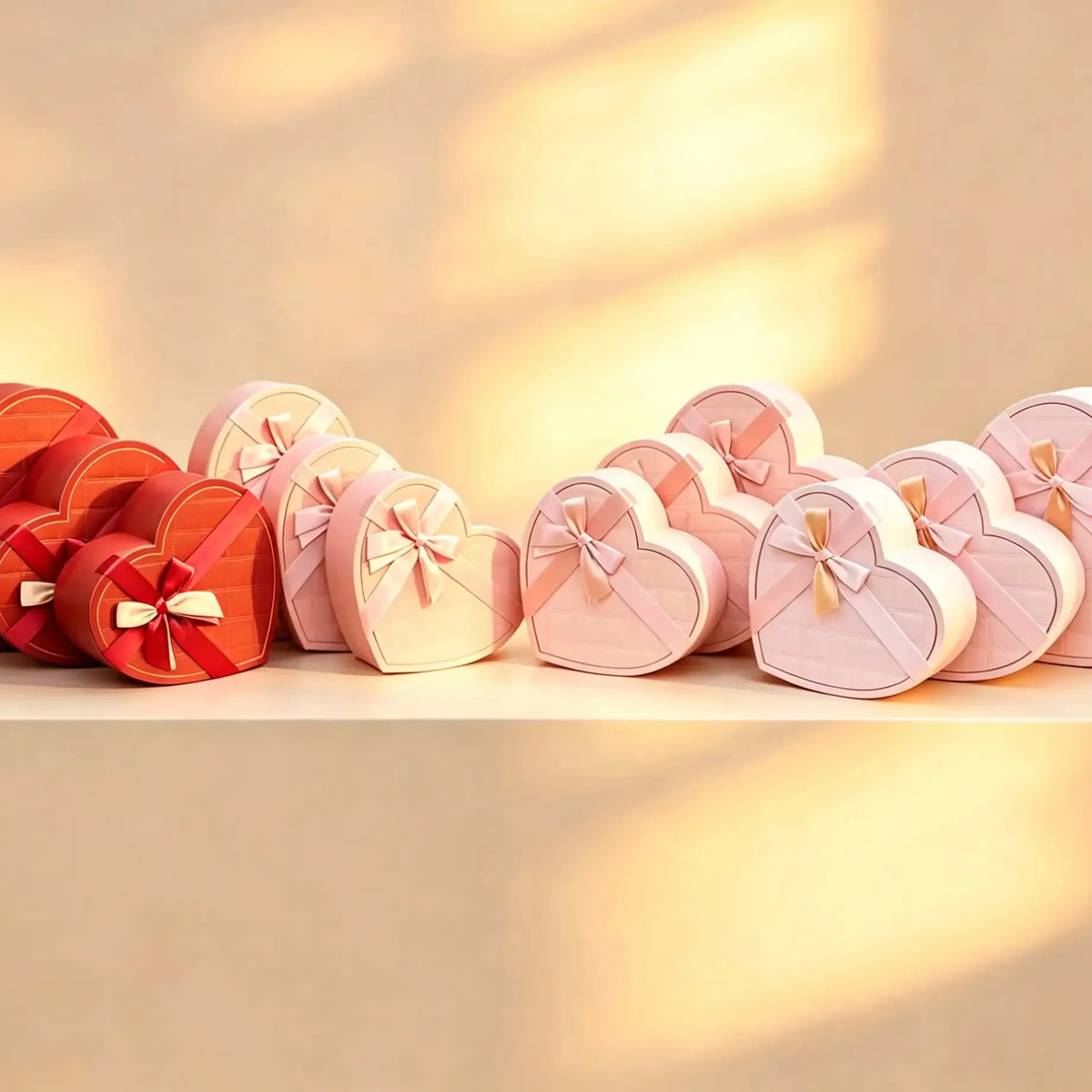 Heart-shaped nesting gift boxes in pink, beige, and red, each tied with a satin ribbon bow