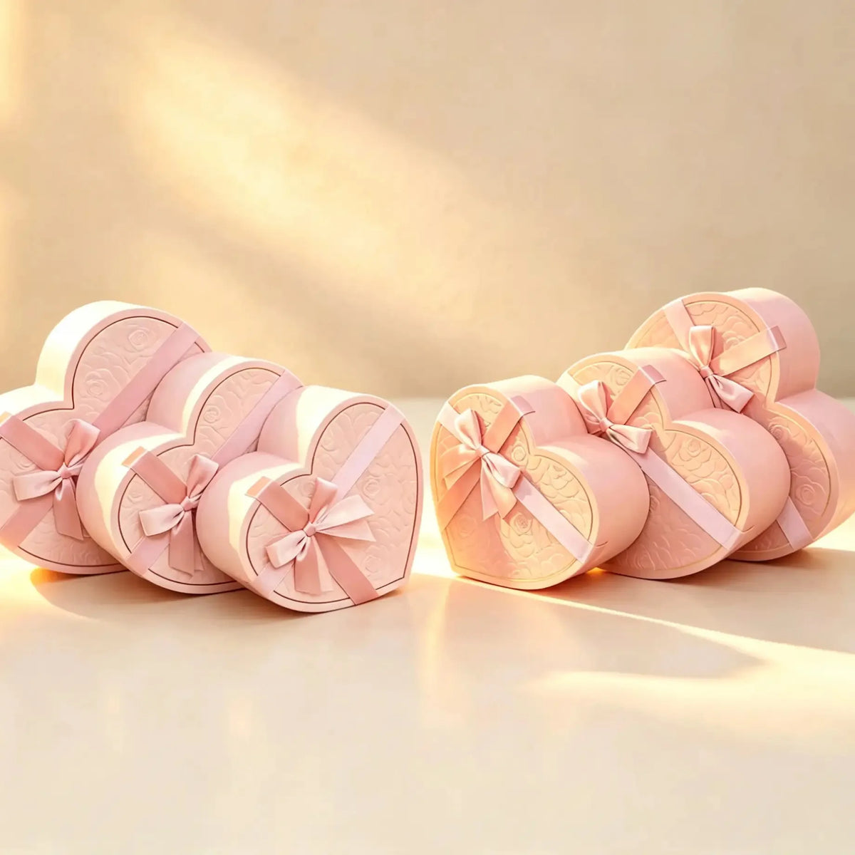 Heart-shaped gift boxes in pink and peach, each tied with a satin ribbon bow, shown together.
