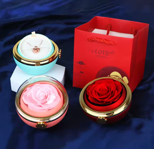 Rotating Round Jewelry Box Eternal Rose