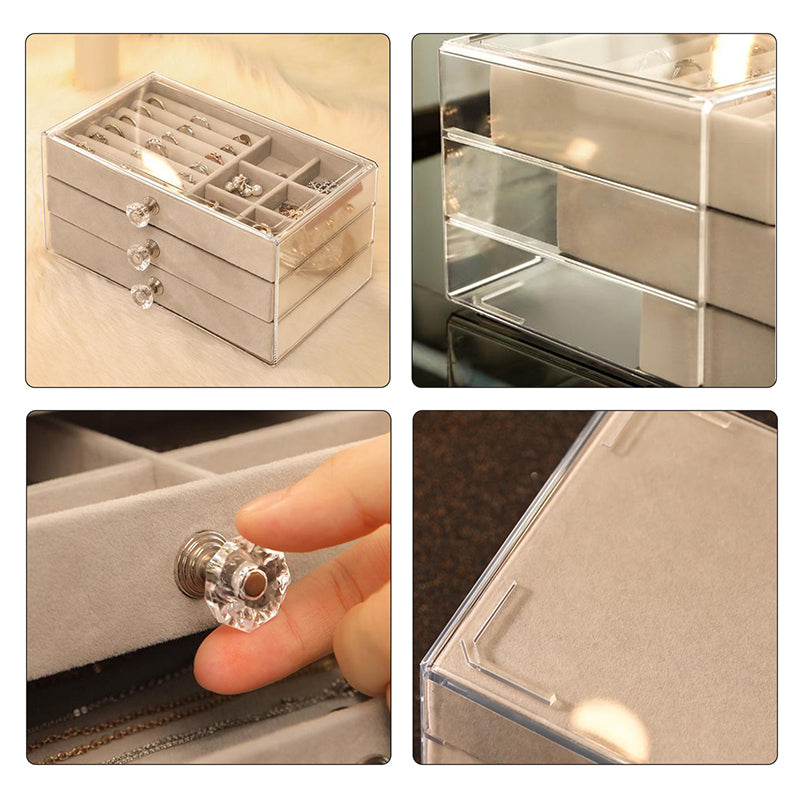 Acrylic Velvet Jewelry Organizer with 3 Drawers Stackable Display Storage Box