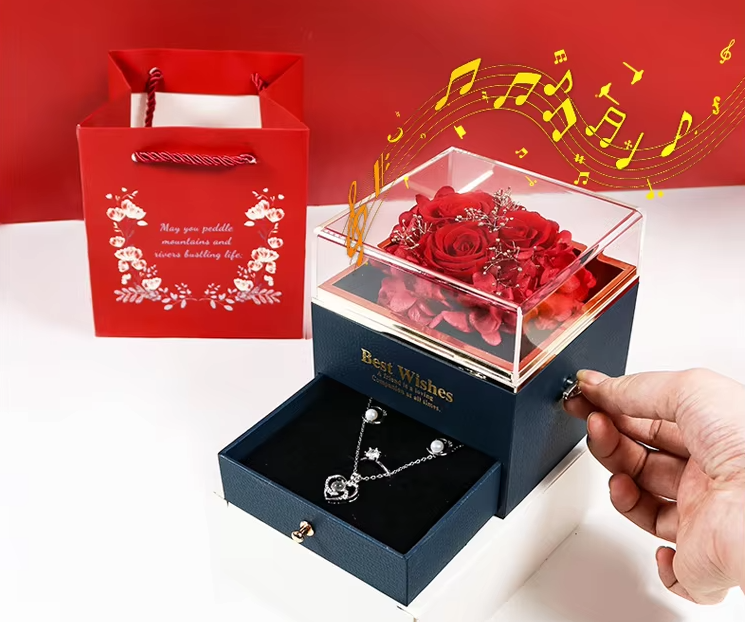 Eternal Flower Rose Necklace Pendant Bracelet Box Gift Box With Music Jewelry Box