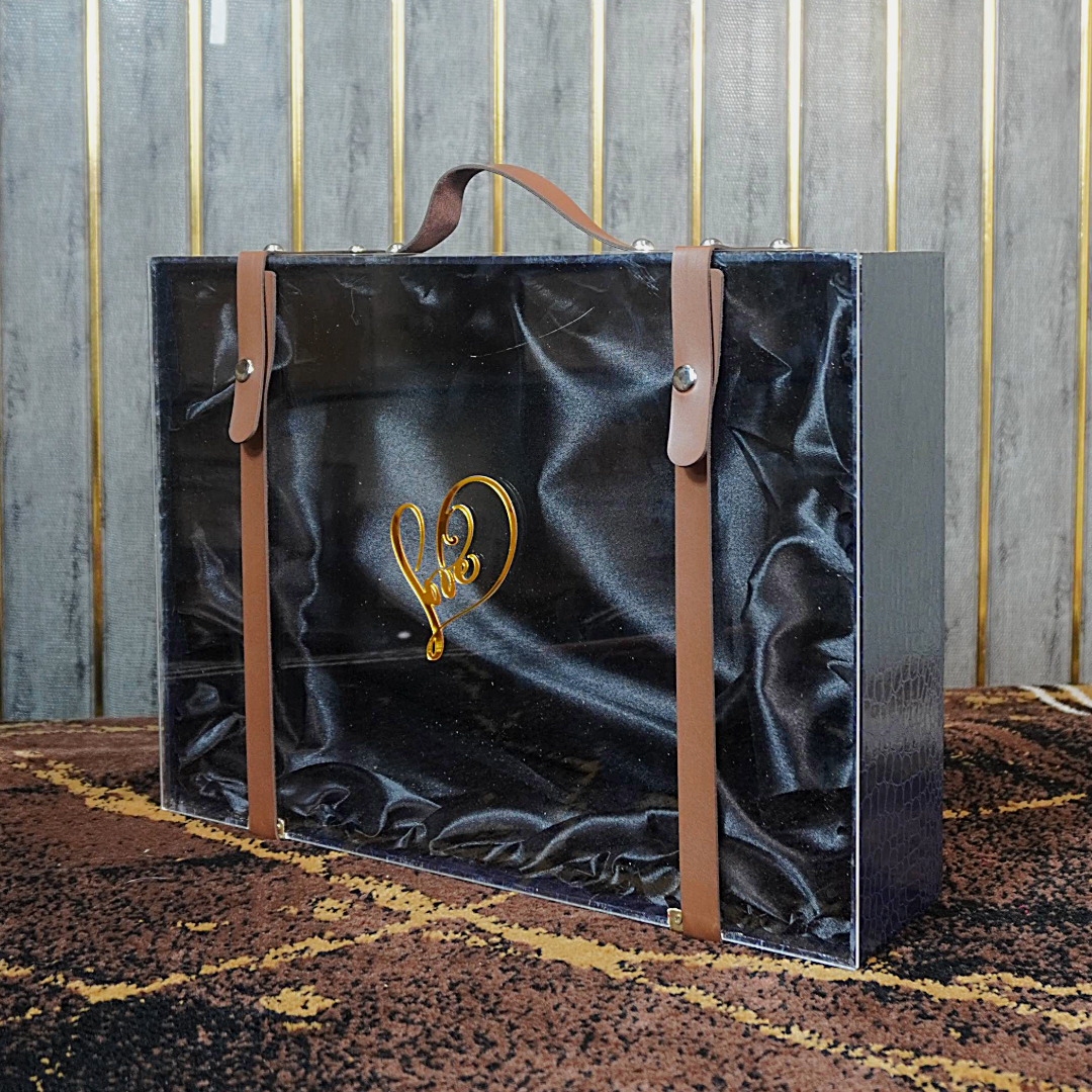 Luxury Acrylic Gift Box with Leather Straps & Satin Lining – Premium gift Presentation Box.