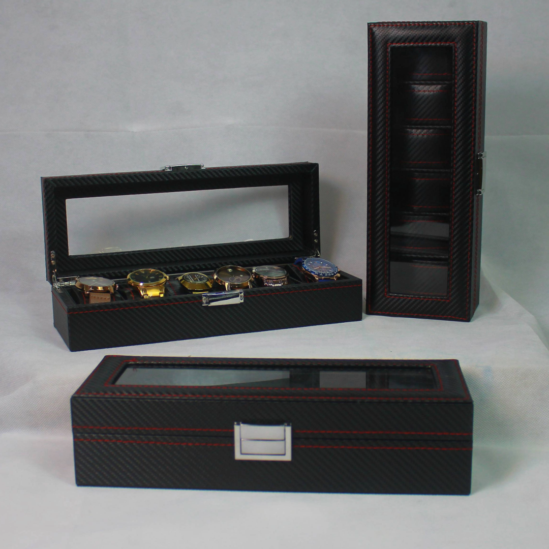 Luxury Leathered Red Carbon Fiber Print Watch Organizer