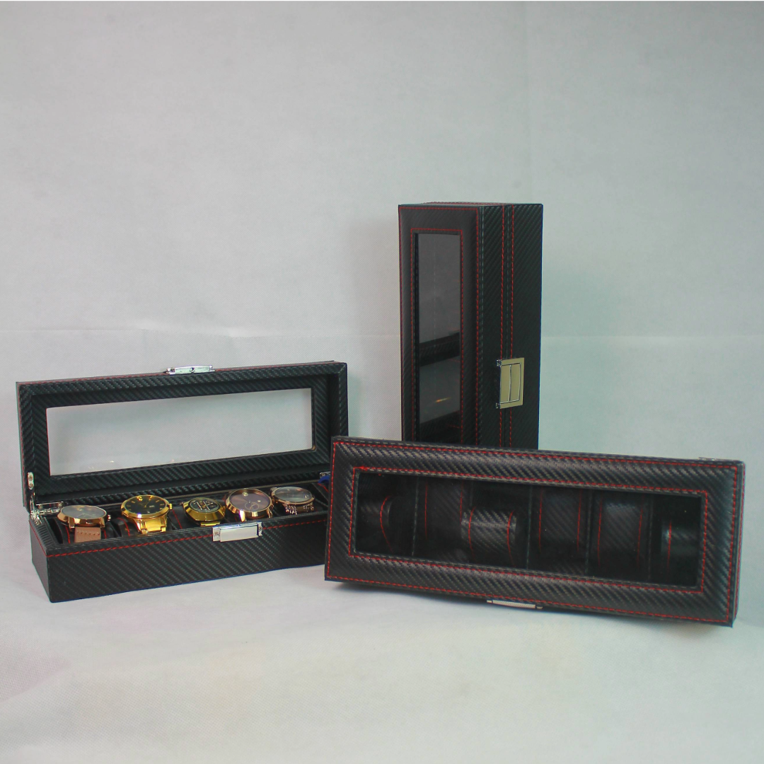 Luxury Leathered Red Carbon Fiber Print Watch Organizer