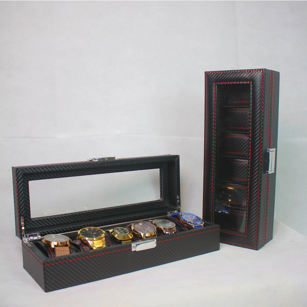 Luxury Leathered Red Carbon Fiber Print Watch Organizer