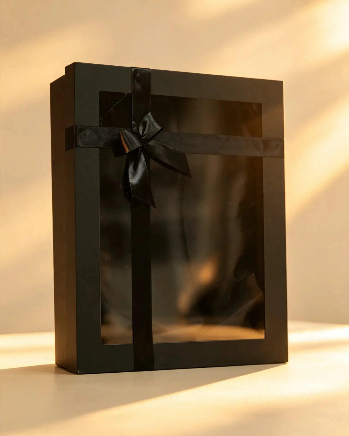 Black gift box with clear window and black satin ribbon bow