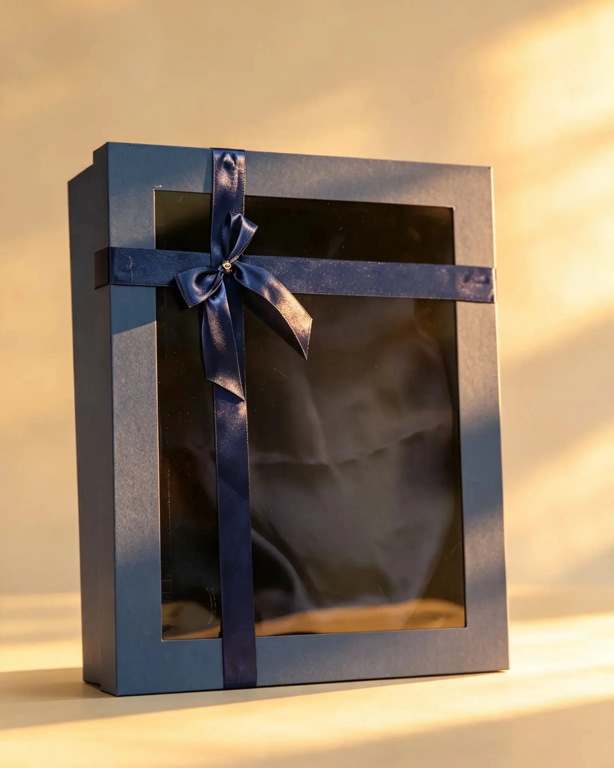 Navy blue gift box with clear window and navy satin ribbon bow