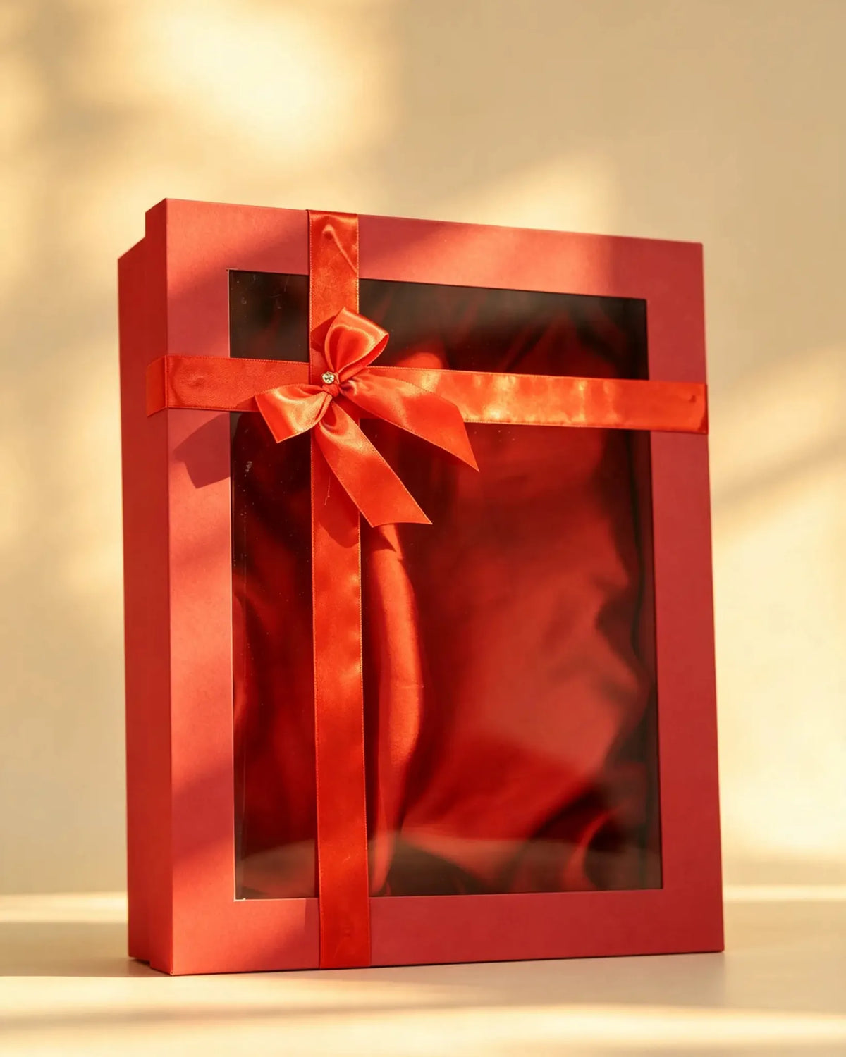 Red gift box with clear window, satin ribbon bow, and red fabric lining