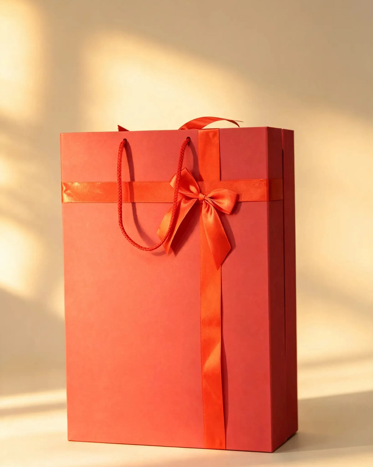 Red bag-style gift box with satin ribbon bow and rope handles