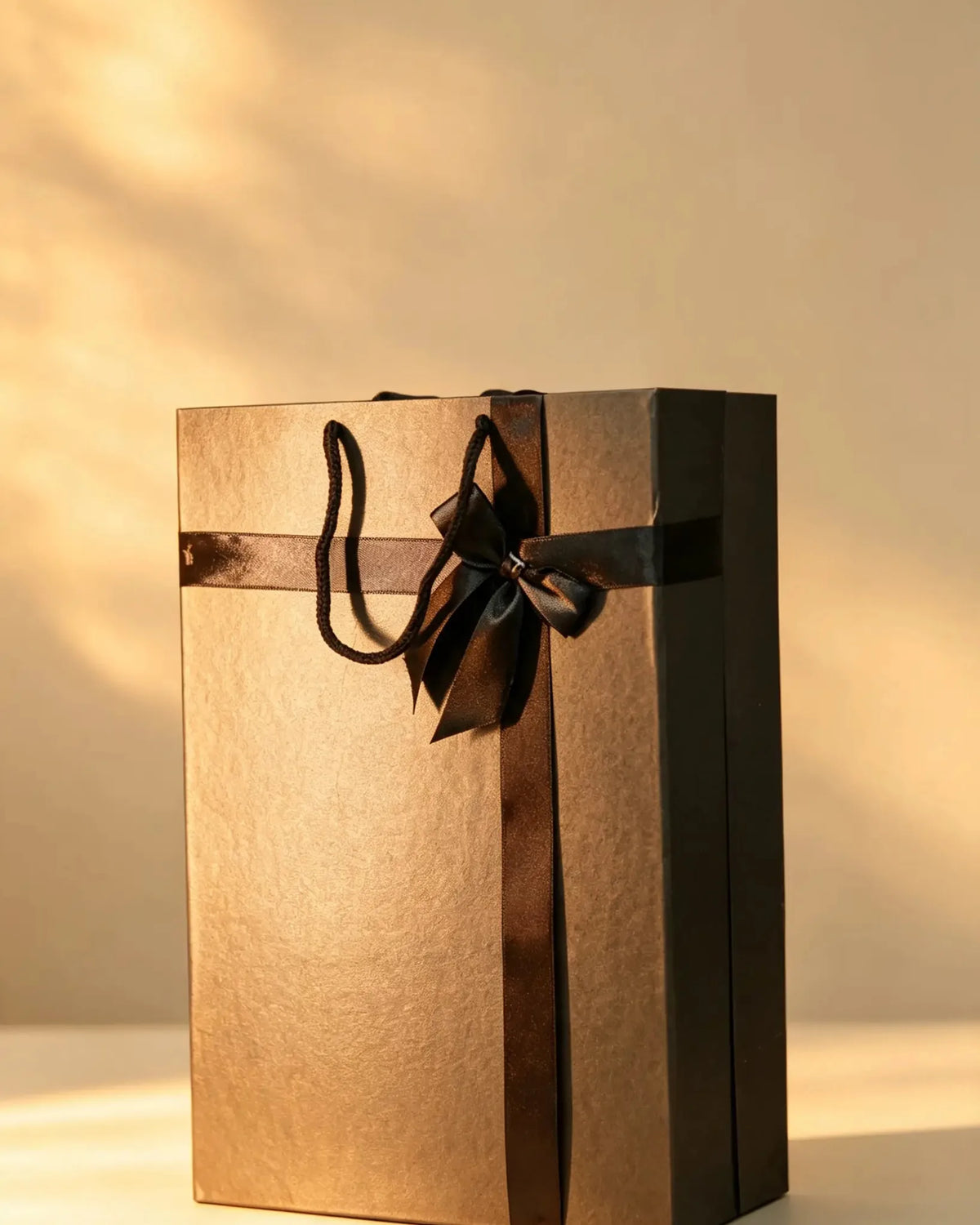 Bronze bag-style gift box with black ribbon bow and rope handles