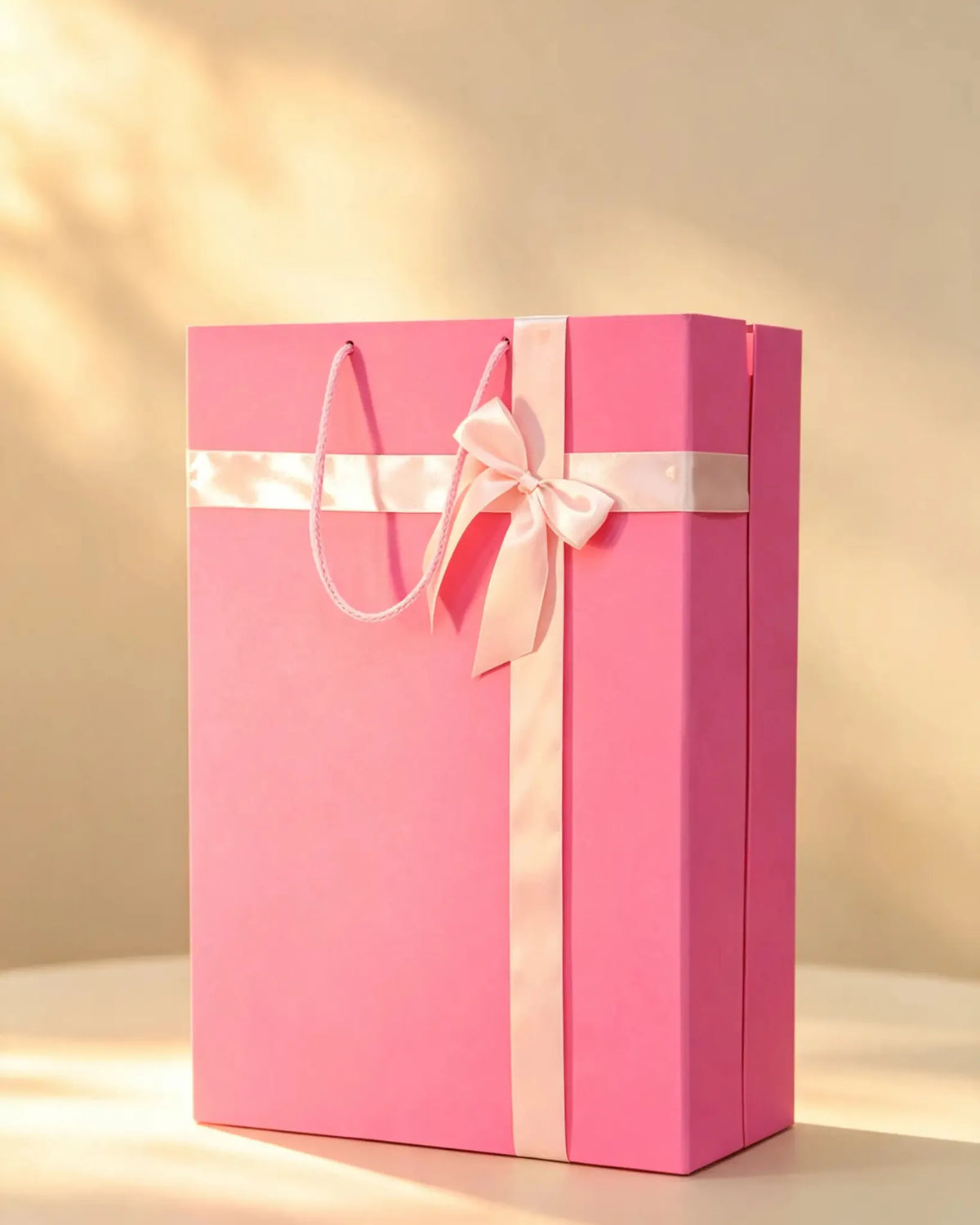 Pink bag-style gift box with pale pink ribbon bow and rope handles
