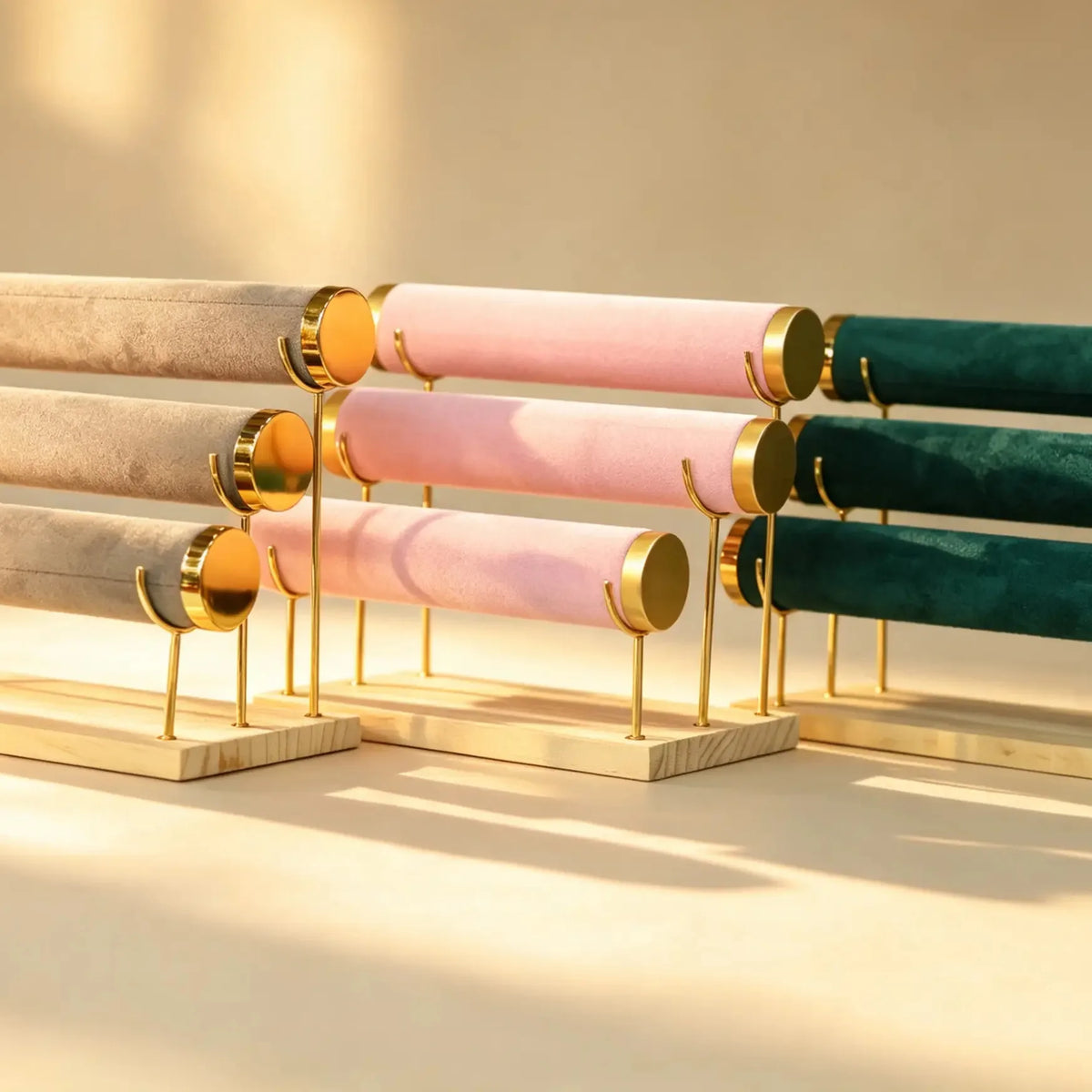 Three-tier bangle display stands in beige, pink, and dark green velvet with gold hardware
