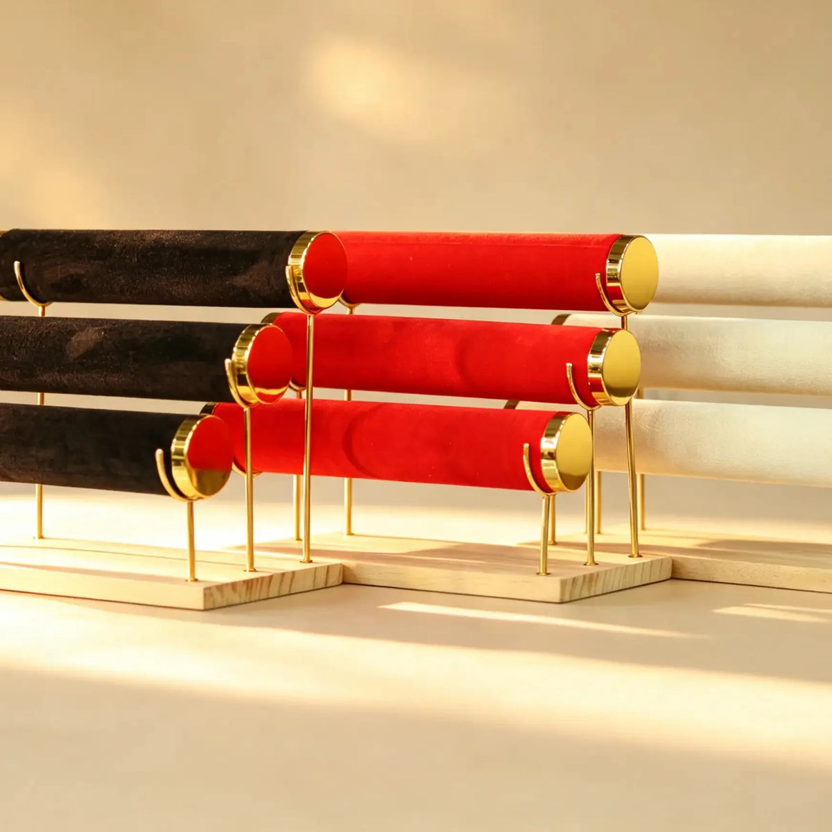 Three-tier bangle display stands in black, red, and ivory velvet with gold hardware