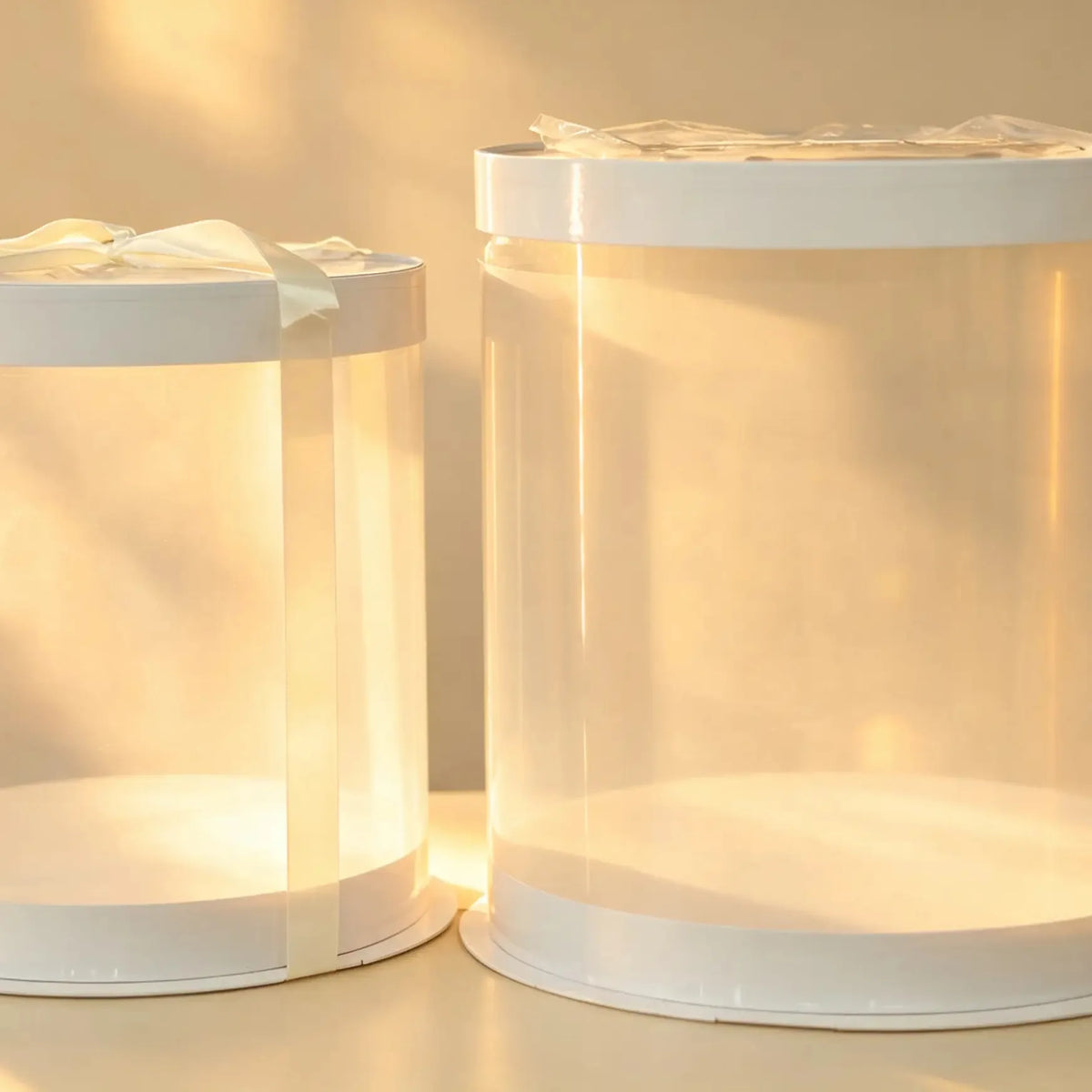 White and clear PVC cake box set, two nested sizes with a cream ribbon bow