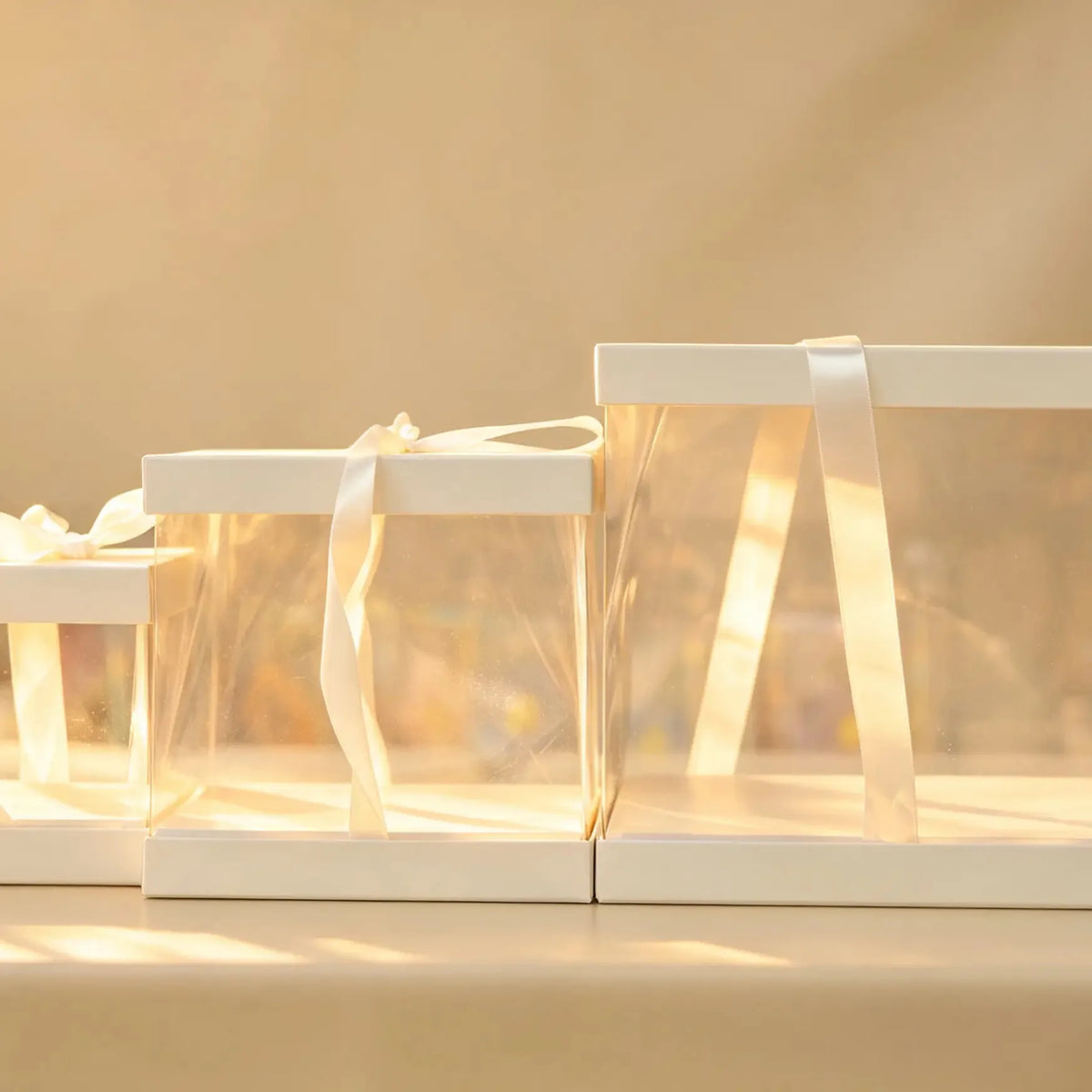 Three ivory-trimmed clear PVC cake boxes nested together with cream satin ribbon ties