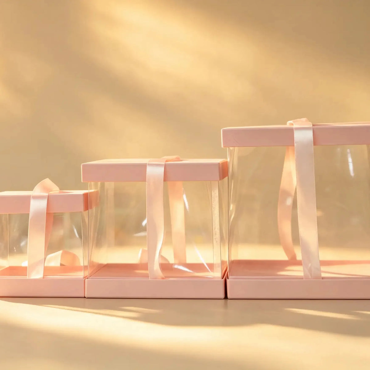 Three pink-trimmed clear PVC cake boxes nested together with pink satin ribbon ties