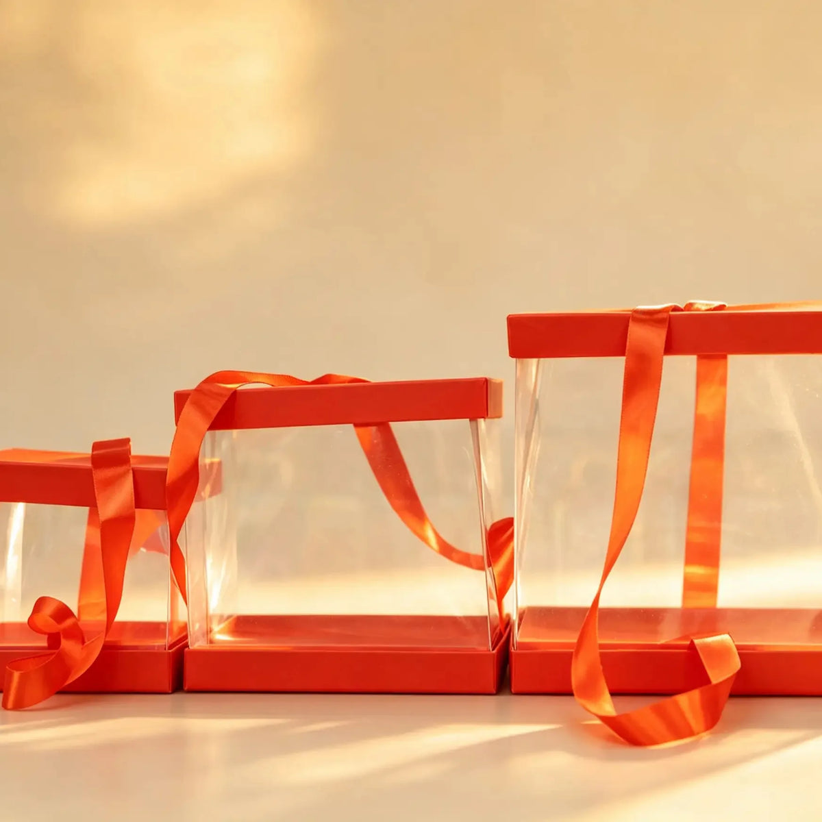 Three orange-trimmed clear PVC cake boxes nested together with orange satin ribbon ties