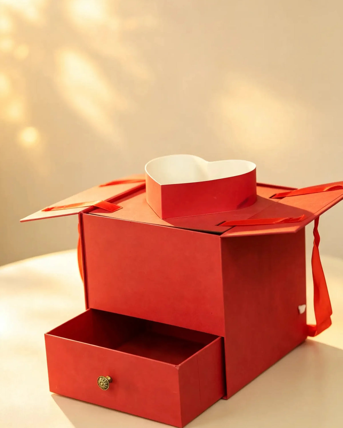 Red heart-top gift box open, showing the heart-shaped tray and pull-out drawer with ribbon ties