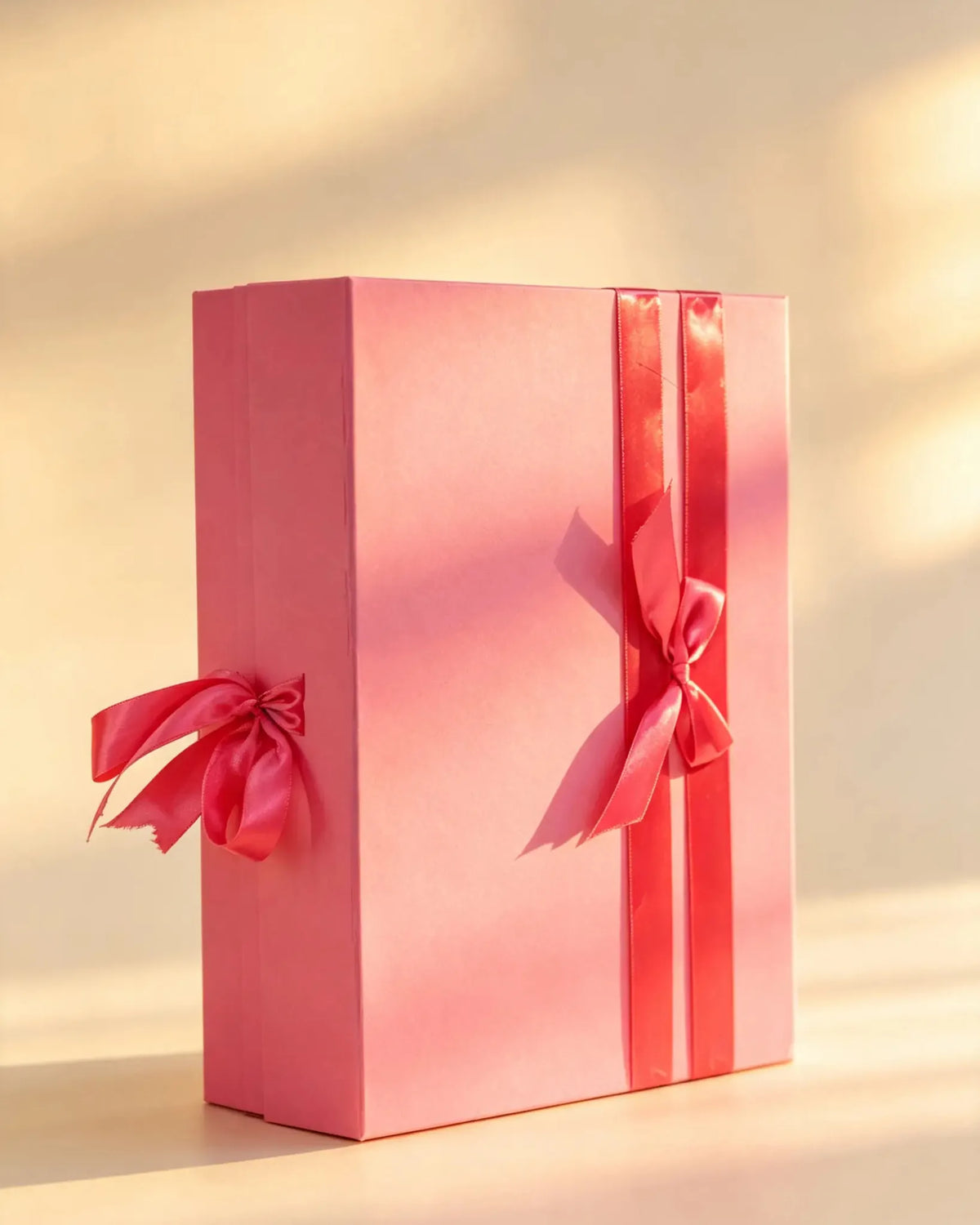 Pink folding gift box with two coral-pink ribbon bows down the front
