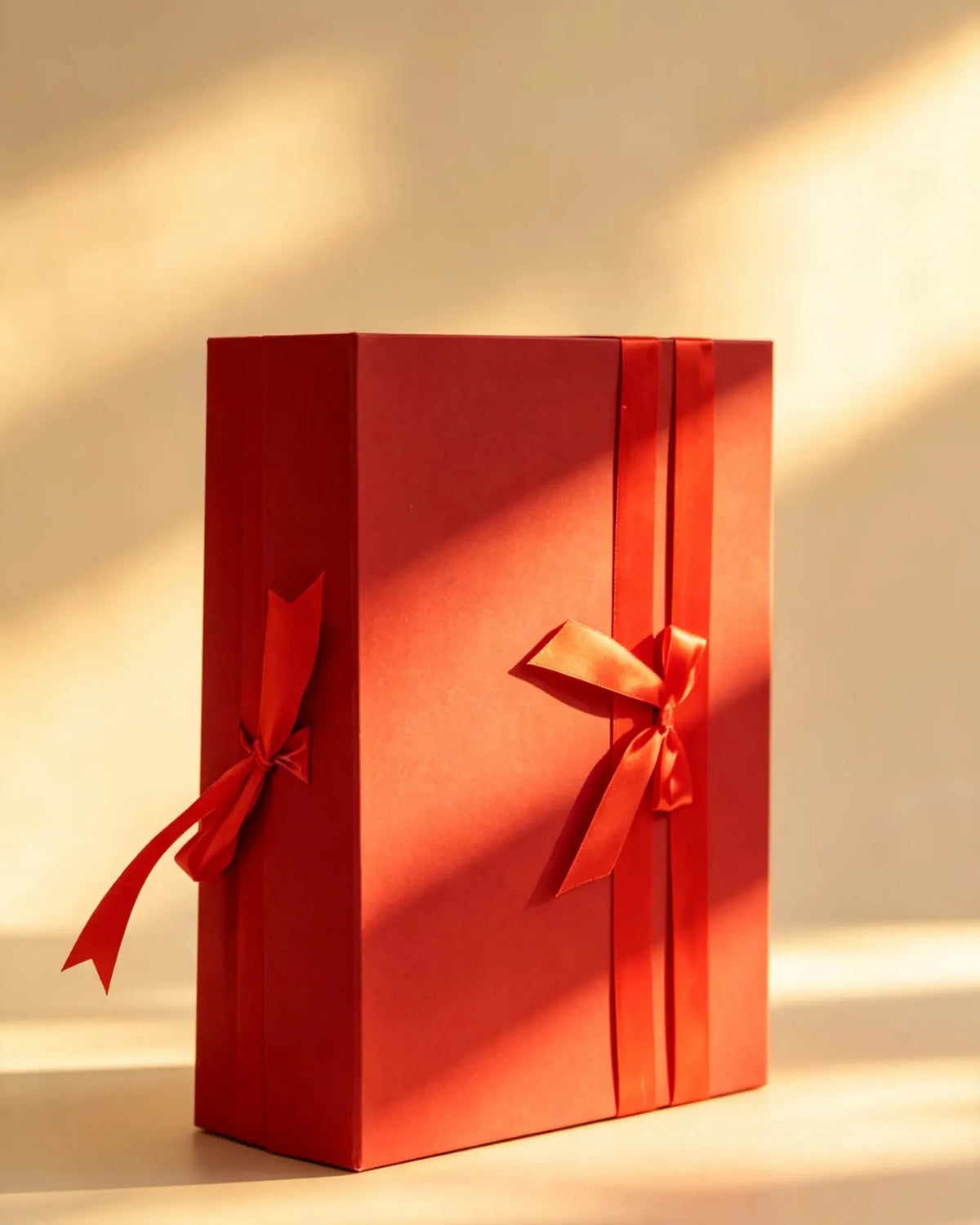 Red folding gift box with two red satin ribbon bows