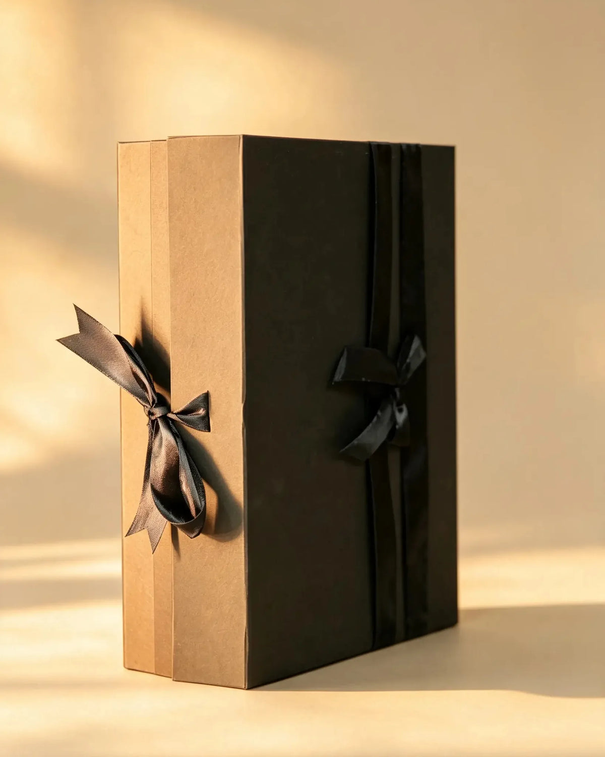 Black folding gift box with kraft-brown side panel and two black ribbon bows