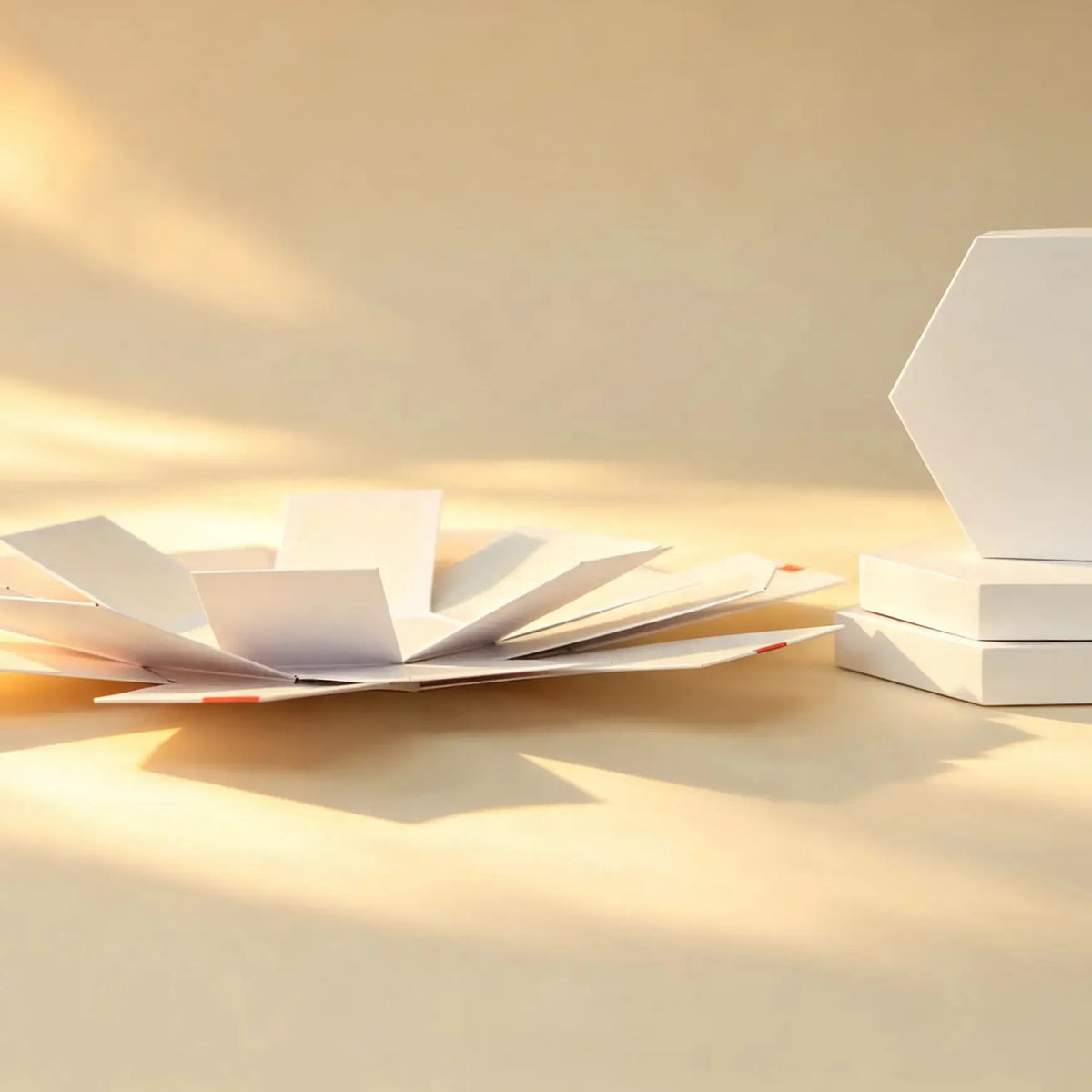 Hexagon explosion box opened flat with folded panels fanned out beside stacked closed boxes